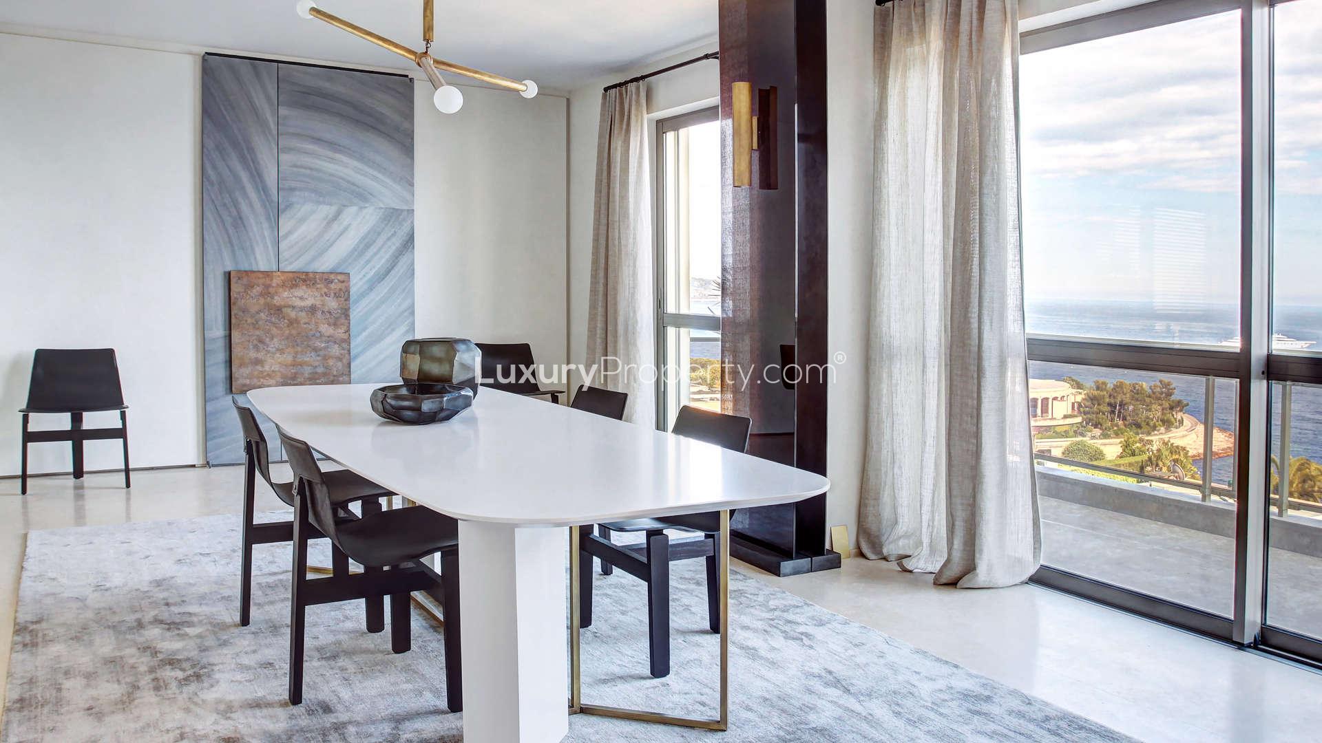 Luxurious Larvotto penthouse living room with sea view in Monaco, French Riviera