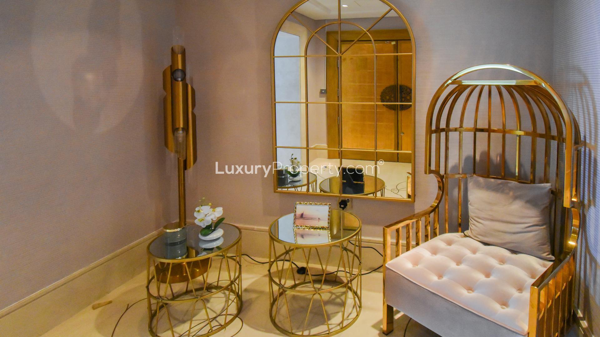 Luxurious living room in full-floor penthouse, Ocean Heights, Dubai Marina, for sale