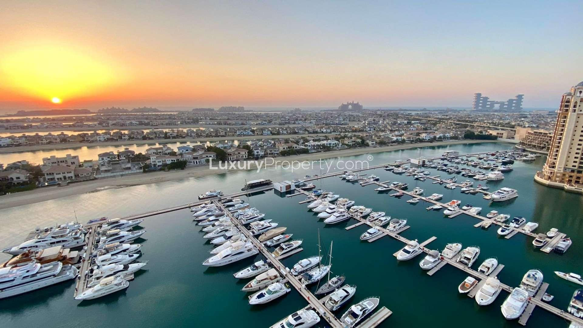Penthouse view of Palm Jumeirah beachfront and Dubai skyline from Oceana community