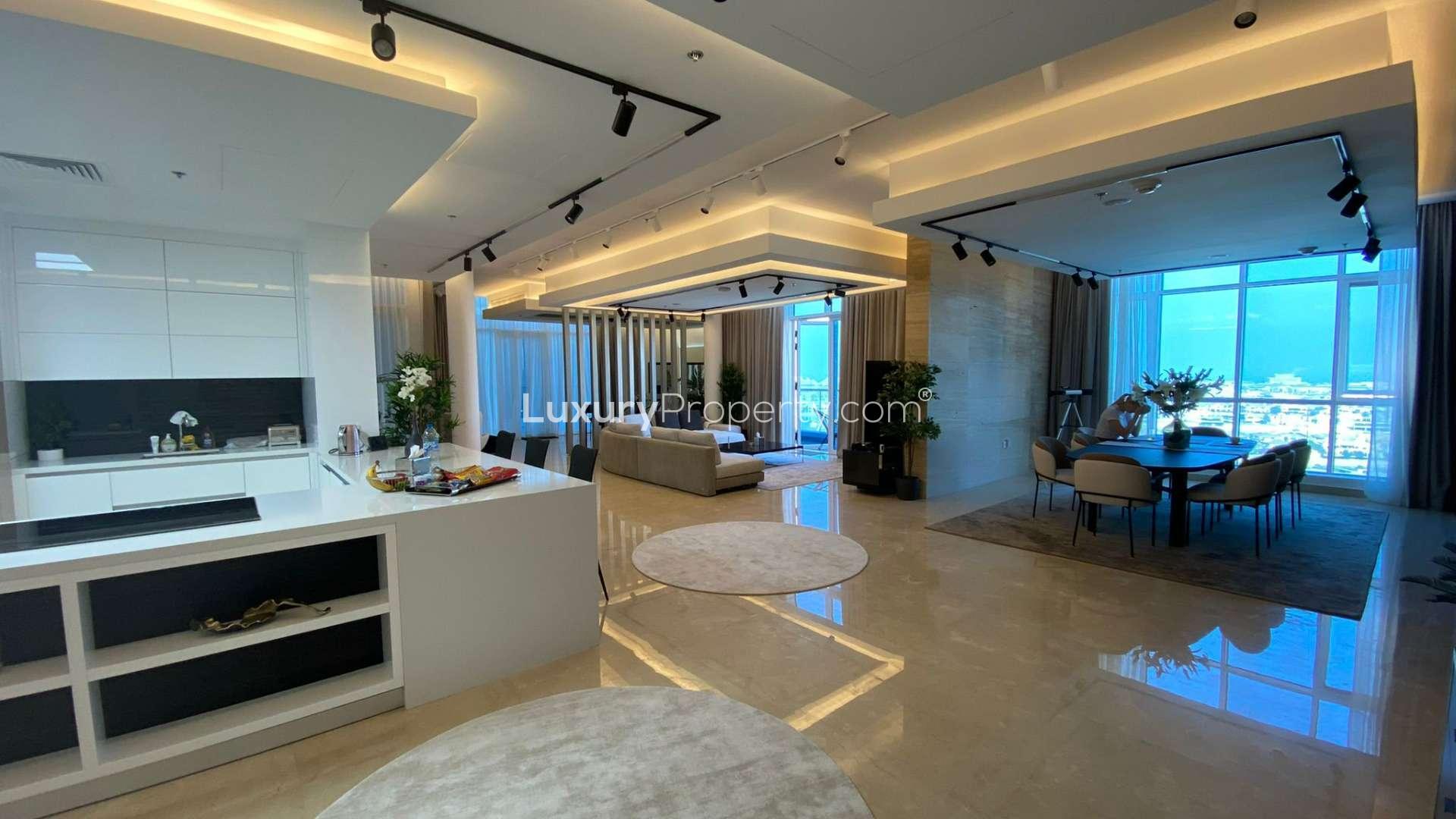 Luxurious living room in fully furnished Oceana penthouse, Palm Jumeirah, with modern decor