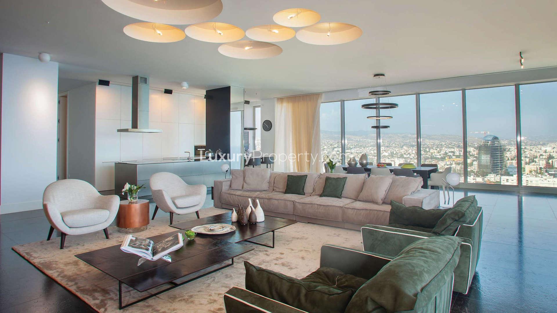 Luxurious living room with ocean view in 4-bedroom penthouse, Olympic Residence, Limassol