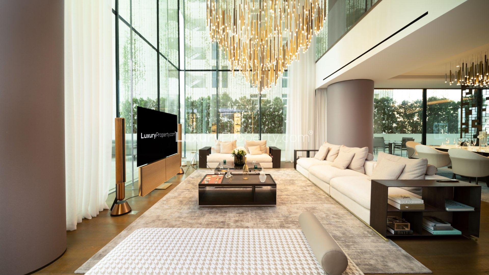 Luxurious living room in 4-bedroom One Palm Jumeirah penthouse for sale, modern design