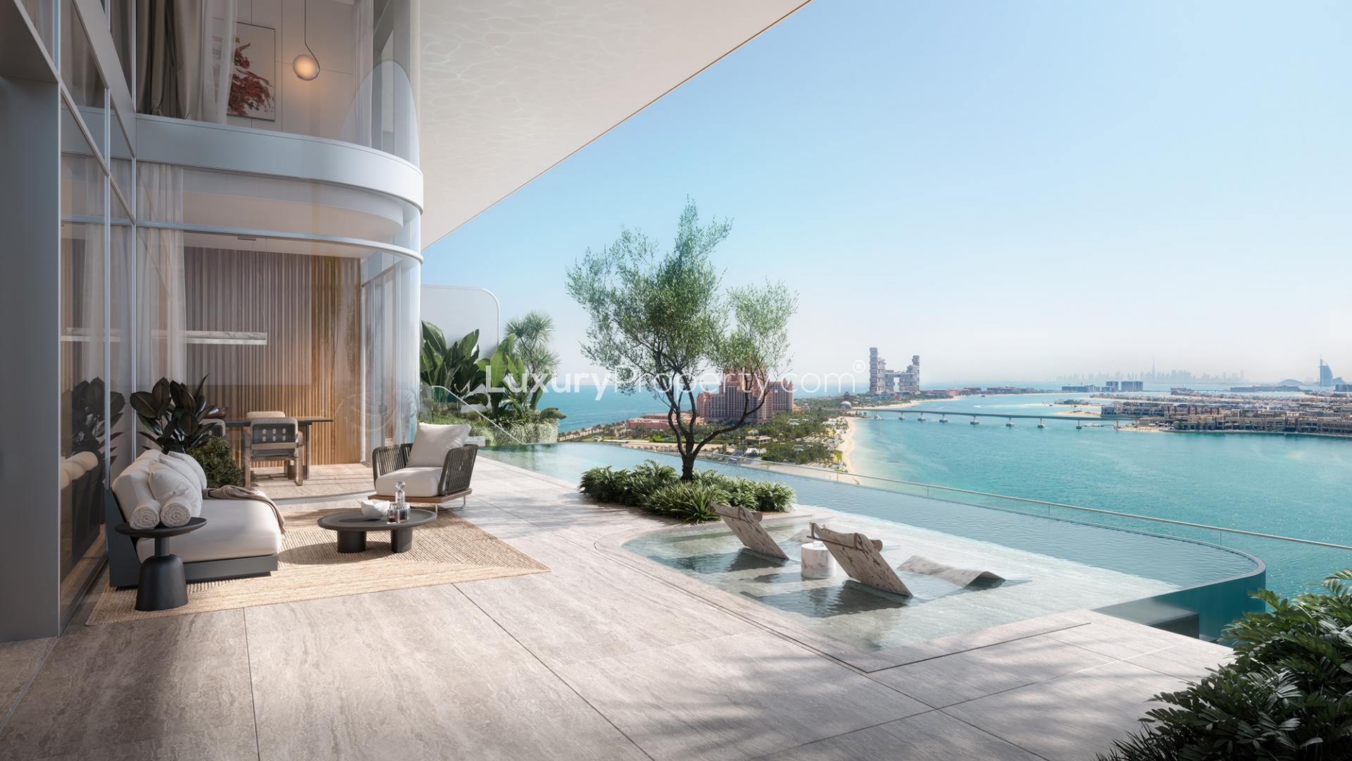 Luxurious Orla Infinity penthouse terrace with stunning Palm Jumeirah and Dubai skyline views