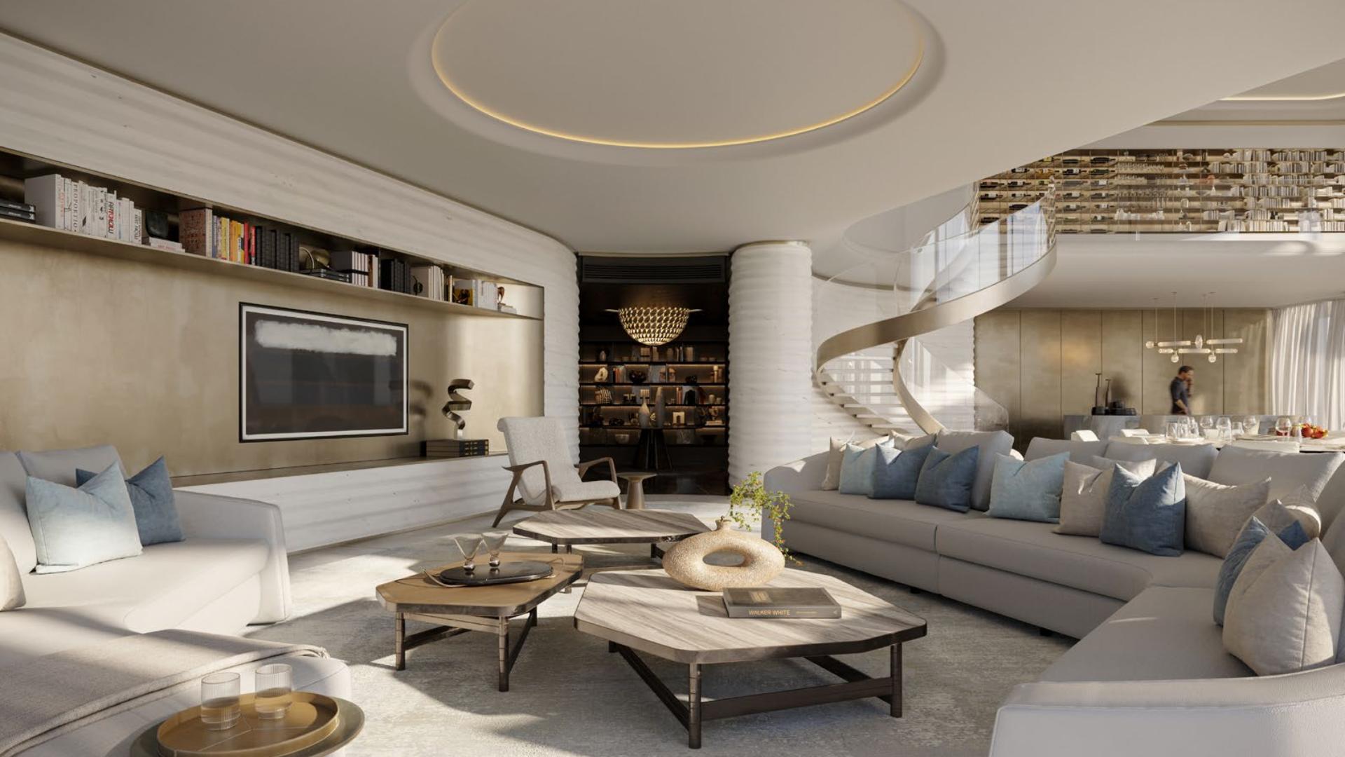 Luxurious Palm Jumeirah penthouse interior with ocean view and modern spiral staircase