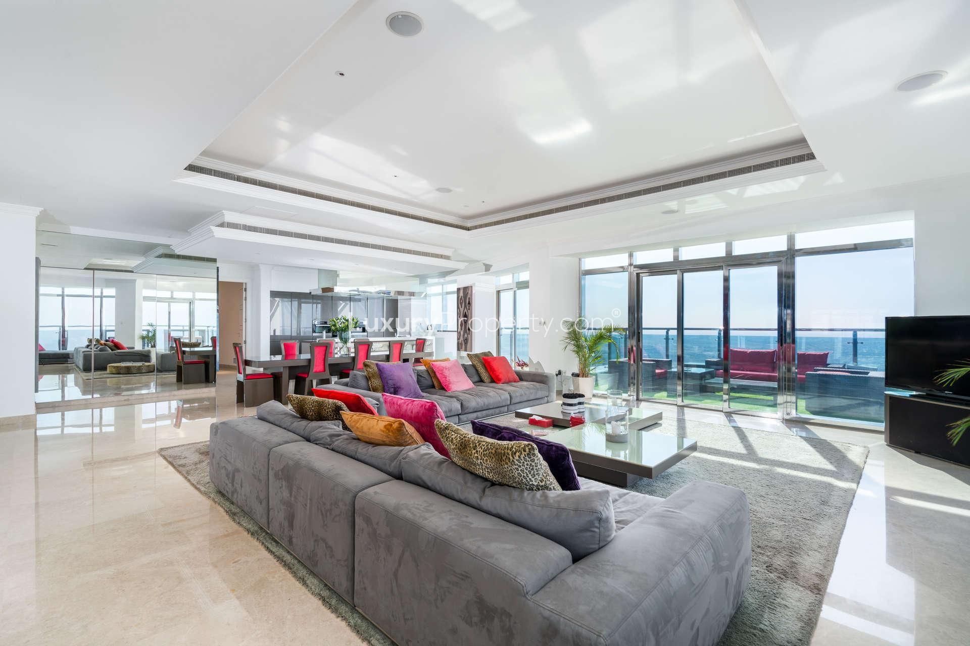 Luxurious living room in 5-bedroom penthouse, Princess Tower, Dubai Marina, with ocean views