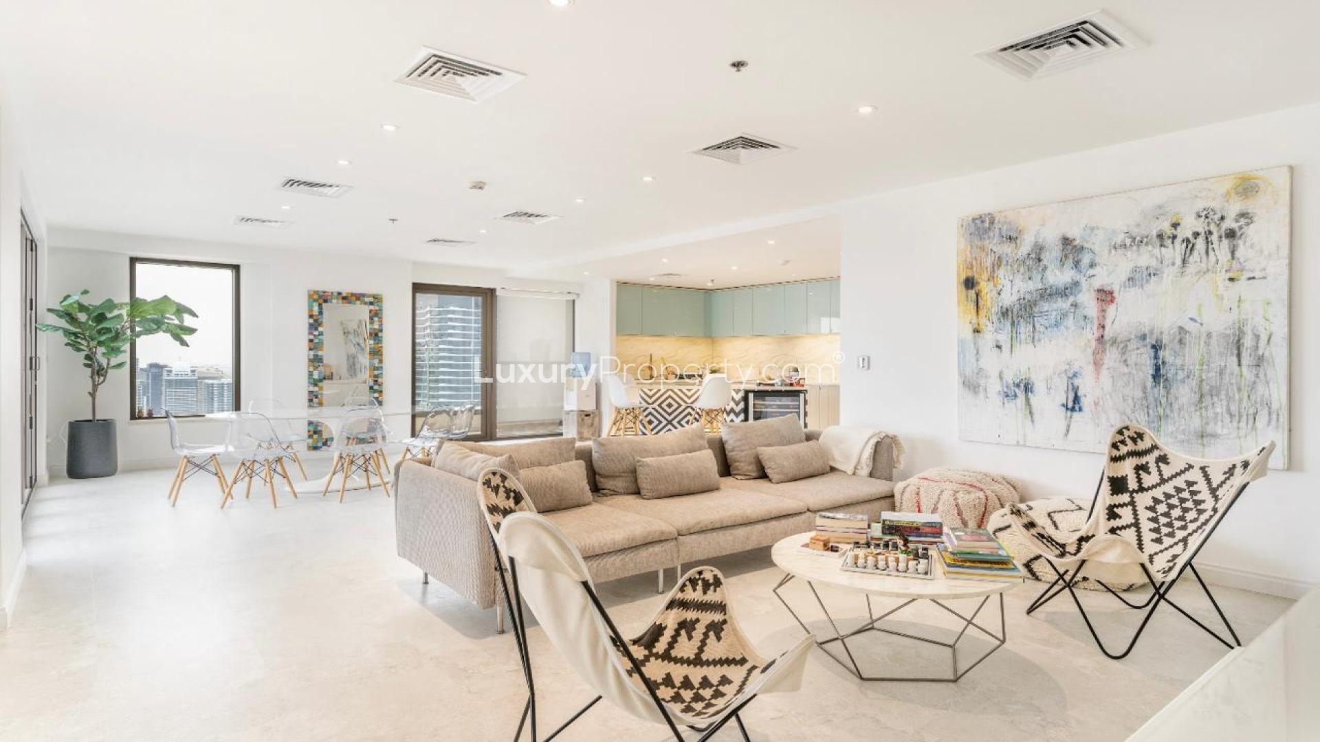 Luxurious living room in JBR Shams 1 penthouse with modern decor and natural light