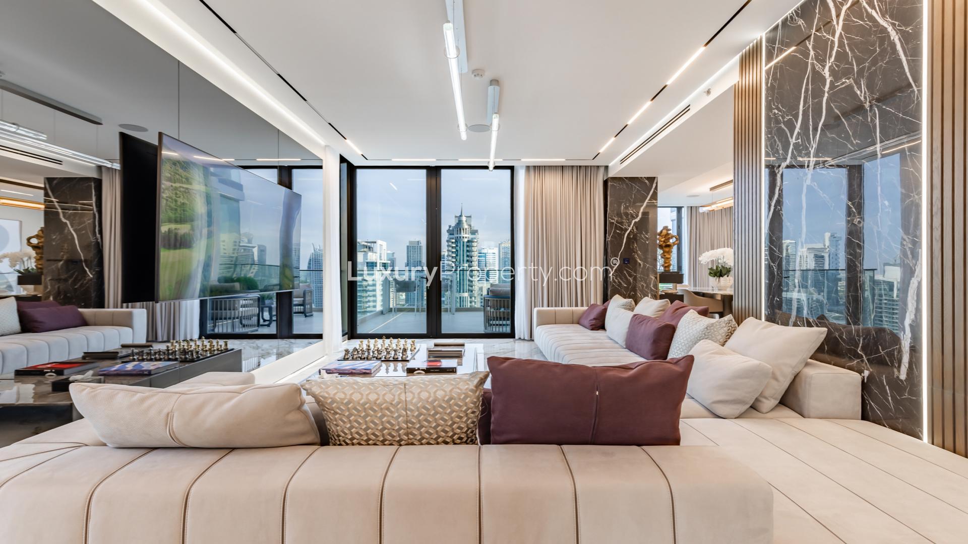 High floor penthouse balcony view of Dubai Marina skyline in LIV Residence