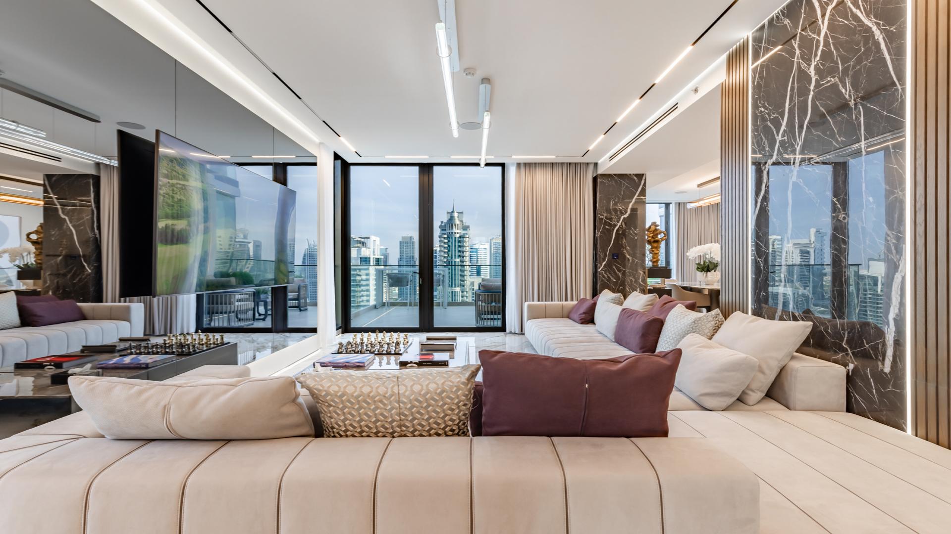 High floor penthouse balcony view of Dubai Marina skyline in LIV Residence