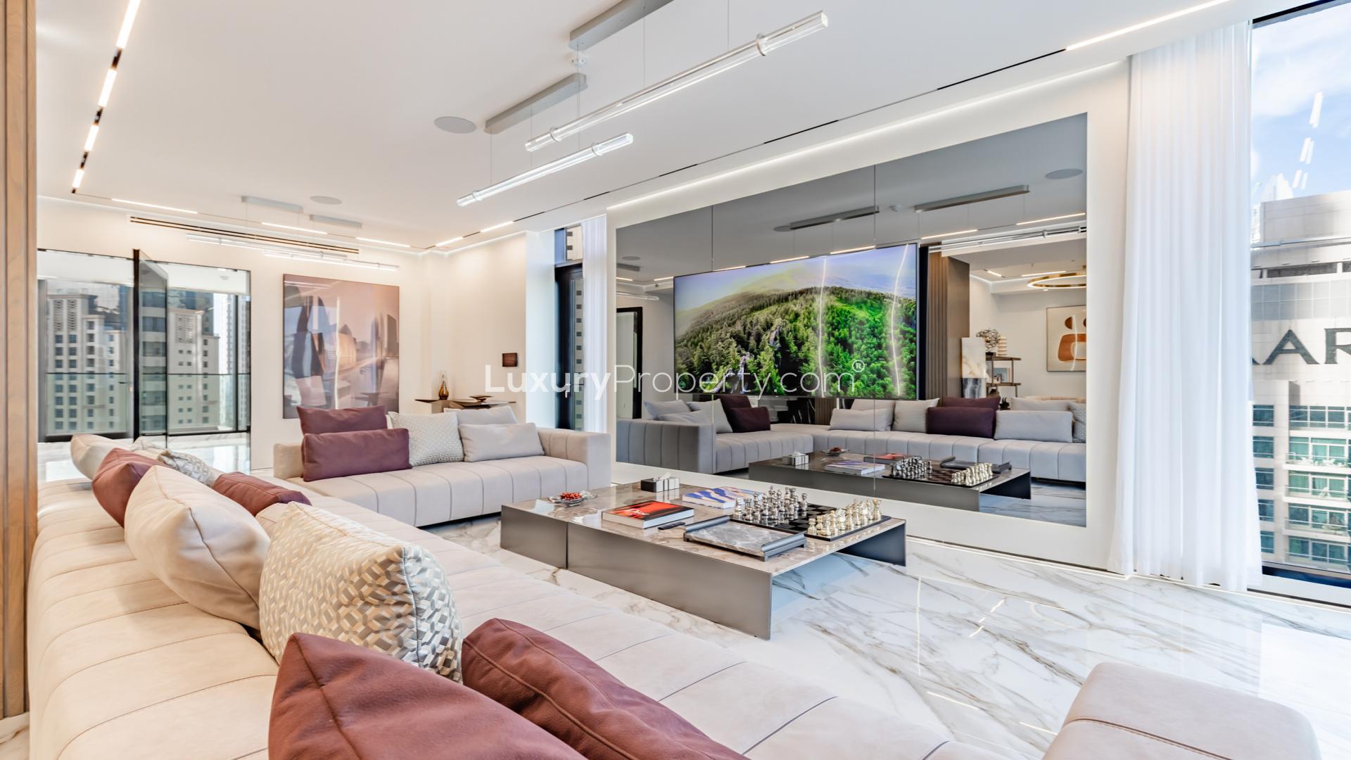Luxurious living room in high-floor penthouse, LIV Residence, Dubai Marina, with city views