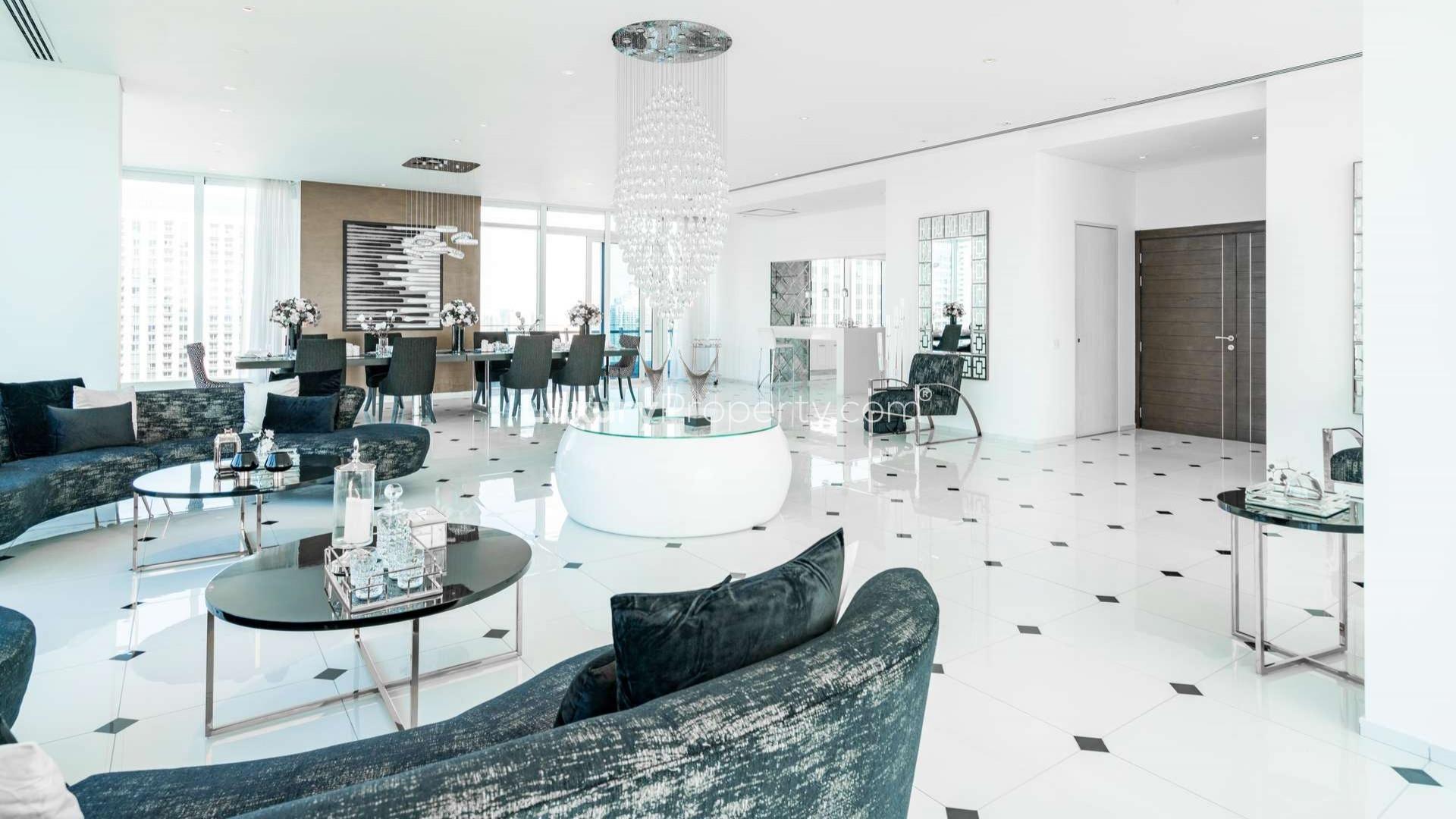 Luxurious living room with Marina view in Silverene Towers penthouse, Dubai Marina