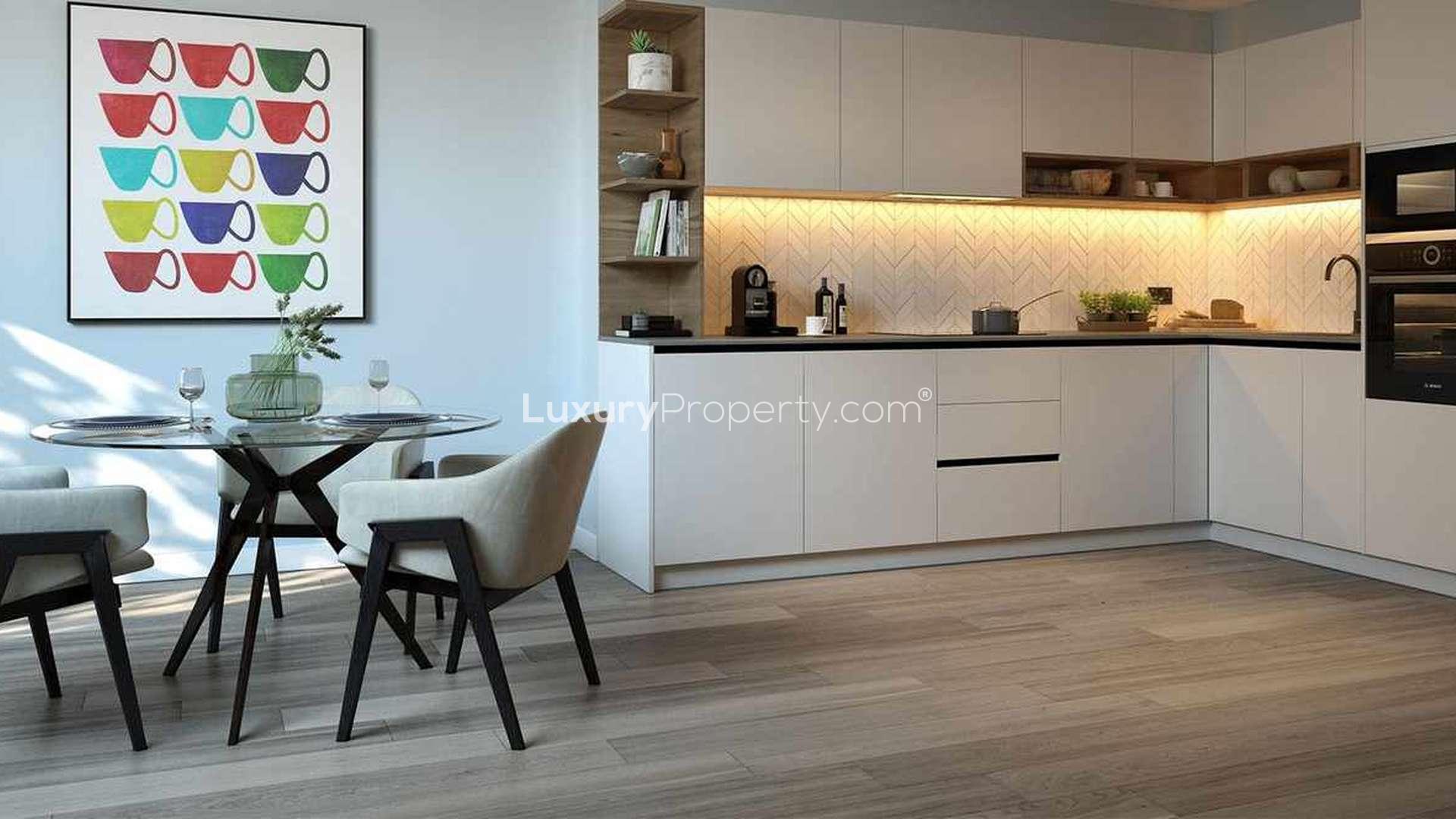 Luxurious living room in four-bedroom penthouse, Sovereign Court, Hammersmith, London, for sale