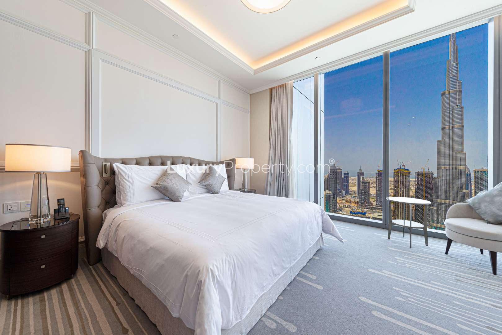 Luxurious penthouse bedroom with Burj Khalifa view in The Address Residence Fountain Views, Dubai