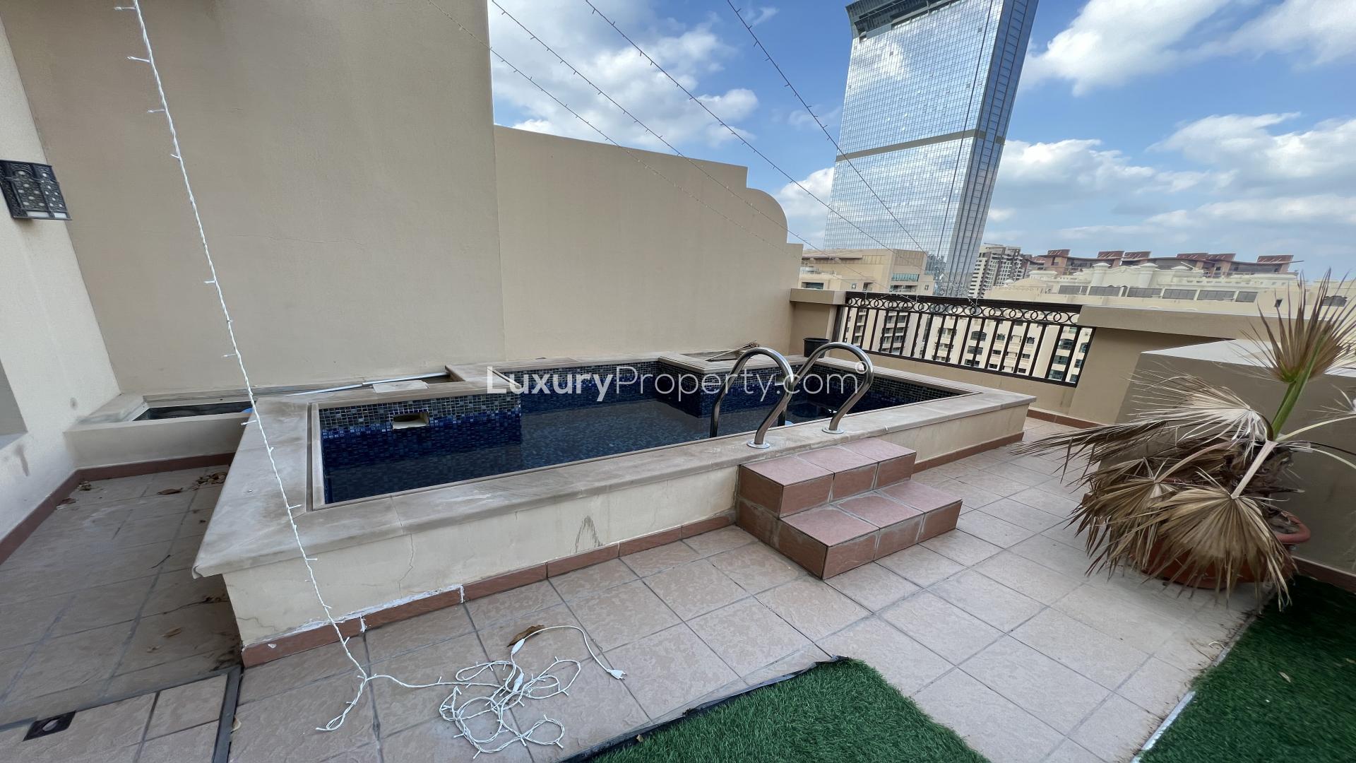 Luxurious Fairmont Palm penthouse interior with elegant columns and sea view windows