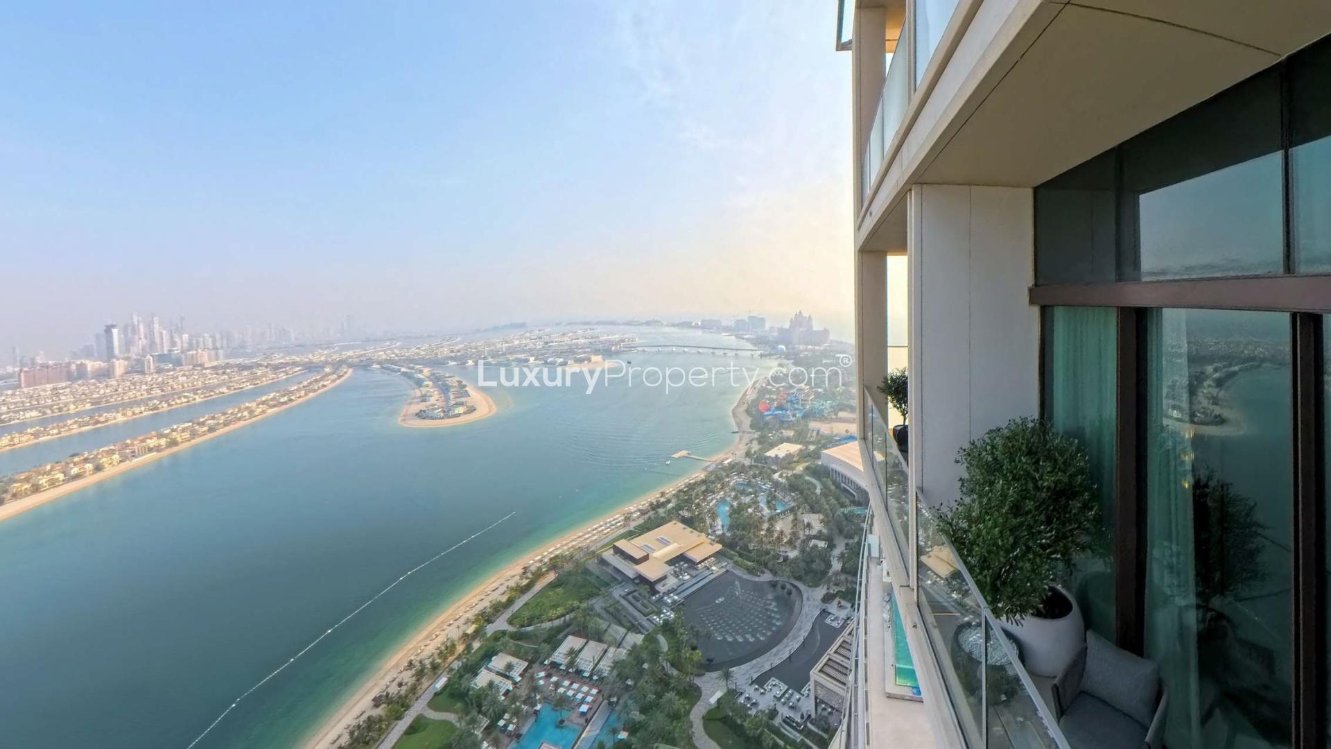 Penthouse balcony view of Palm Jumeirah from Atlantis The Royal, luxury real estate for sale