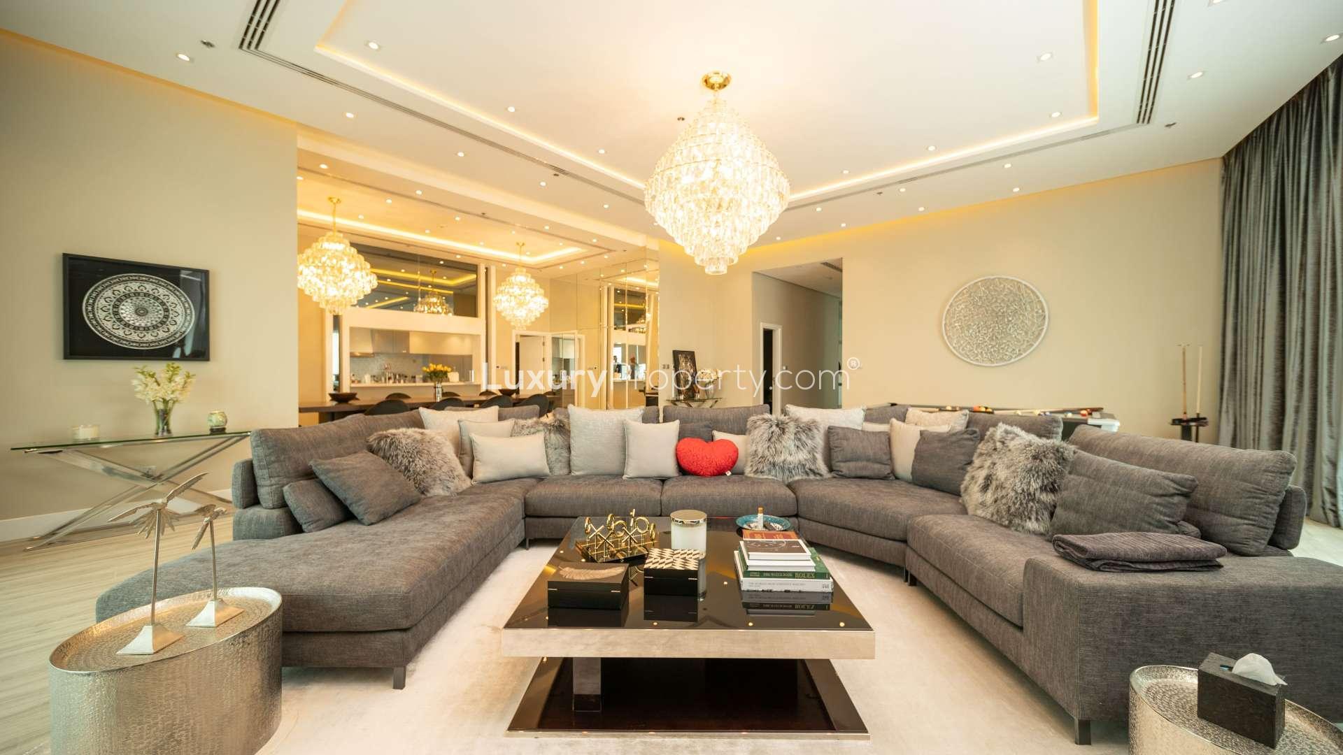 Luxurious living room in elegant four-bedroom penthouse, Dubai Marina, The Torch