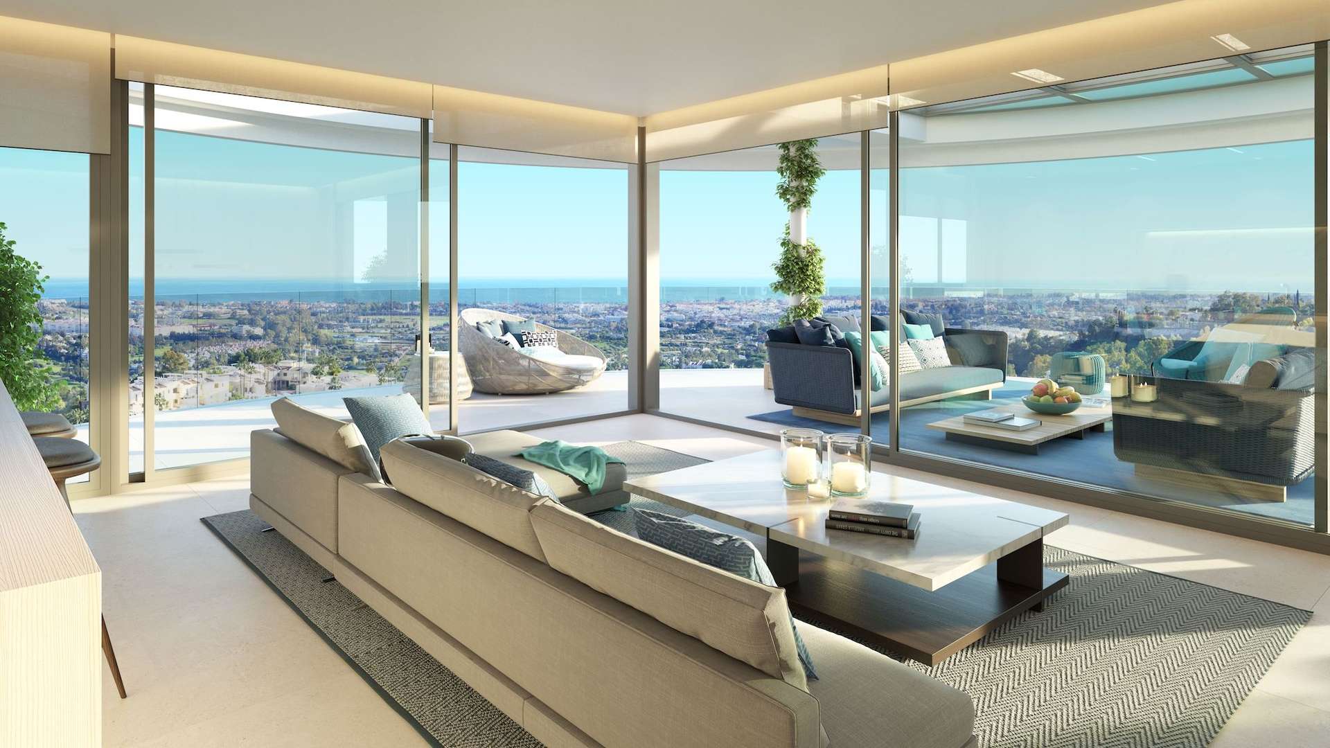Luxurious penthouse living room with ocean view in The View Marbella community