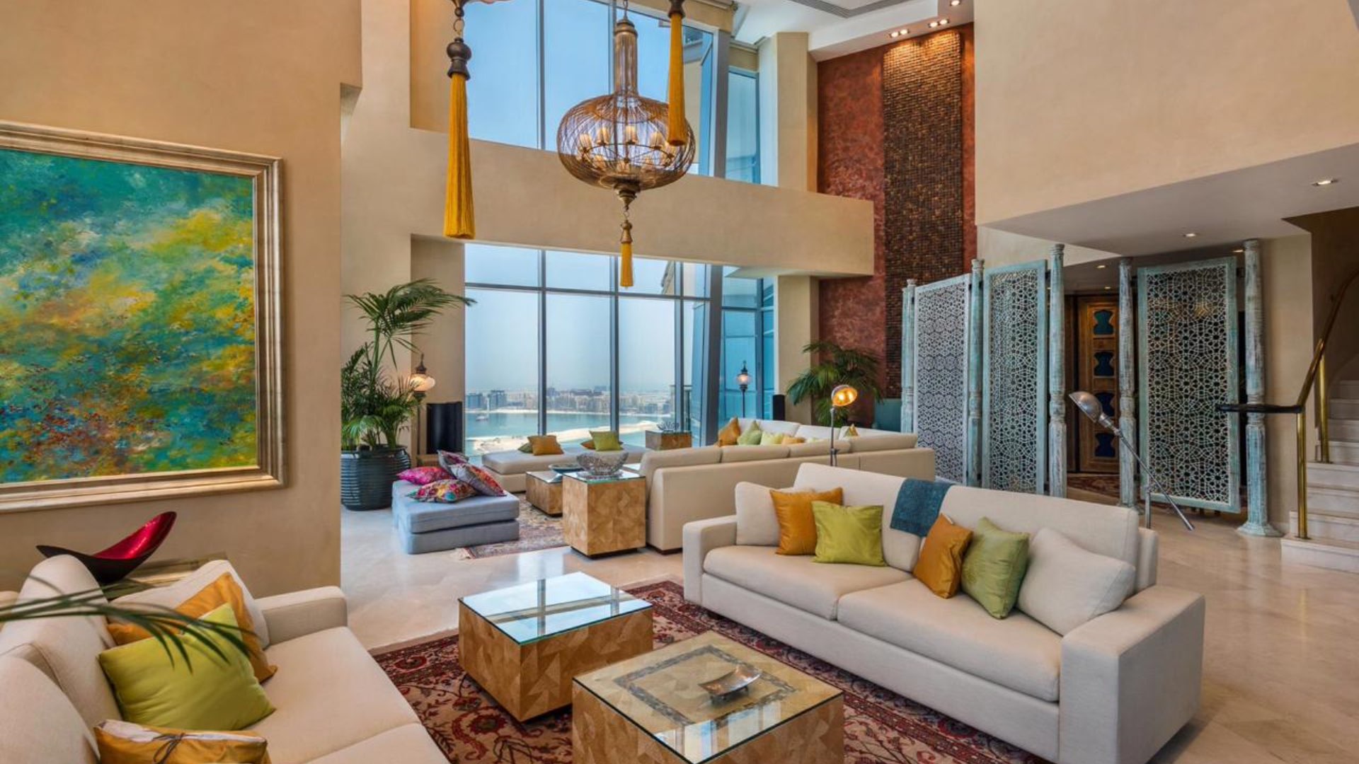 N/A,Luxurious living room in Dubai Marina penthouse with elegant decor and stunning views