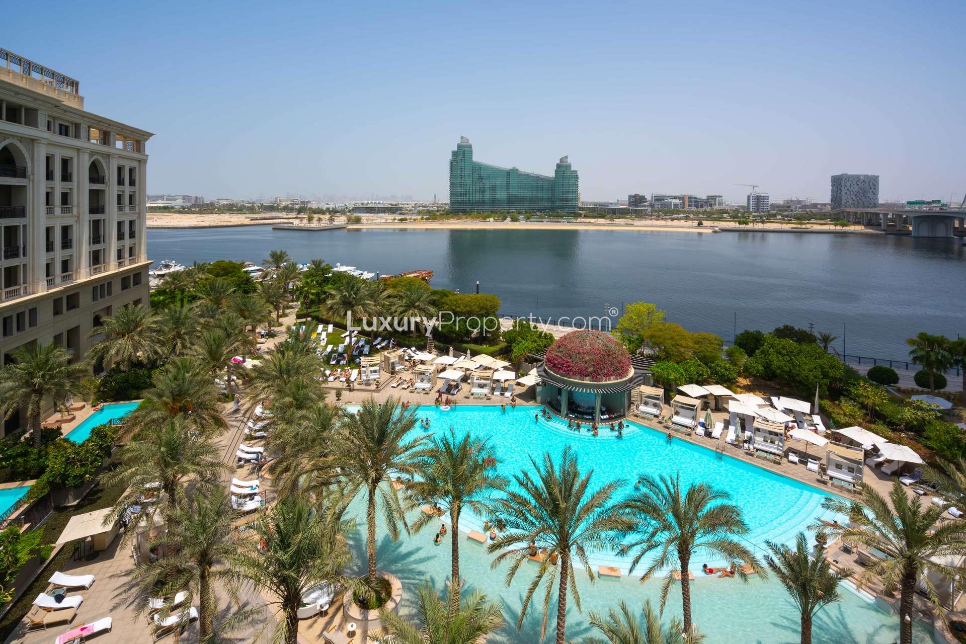 Furnished living room in Palazzo Versace apartment, creek view, Culture Village, luxury rental