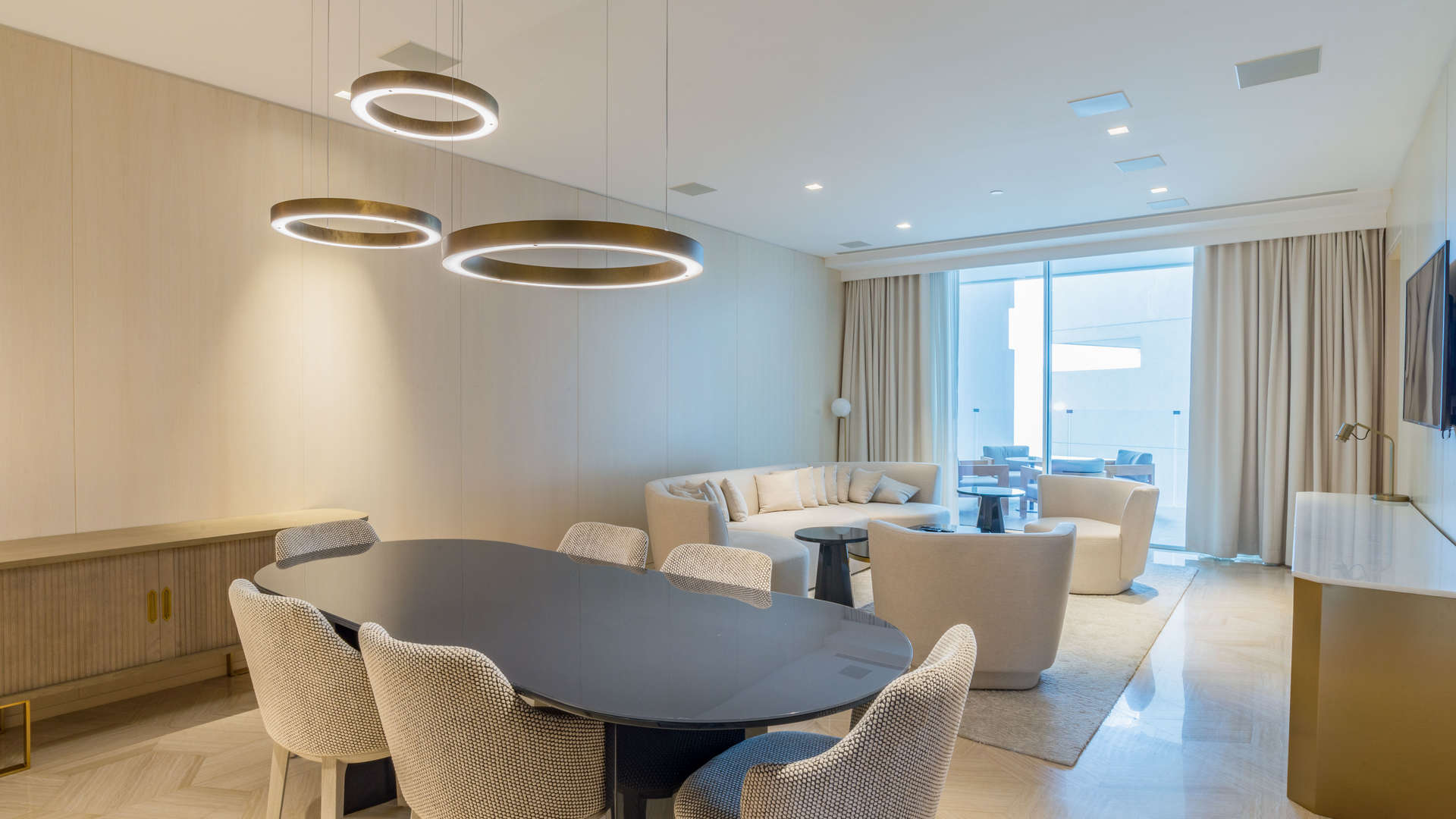 Luxurious living room in serviced apartment at FIVE Palm Jumeirah, modern design, spacious layout