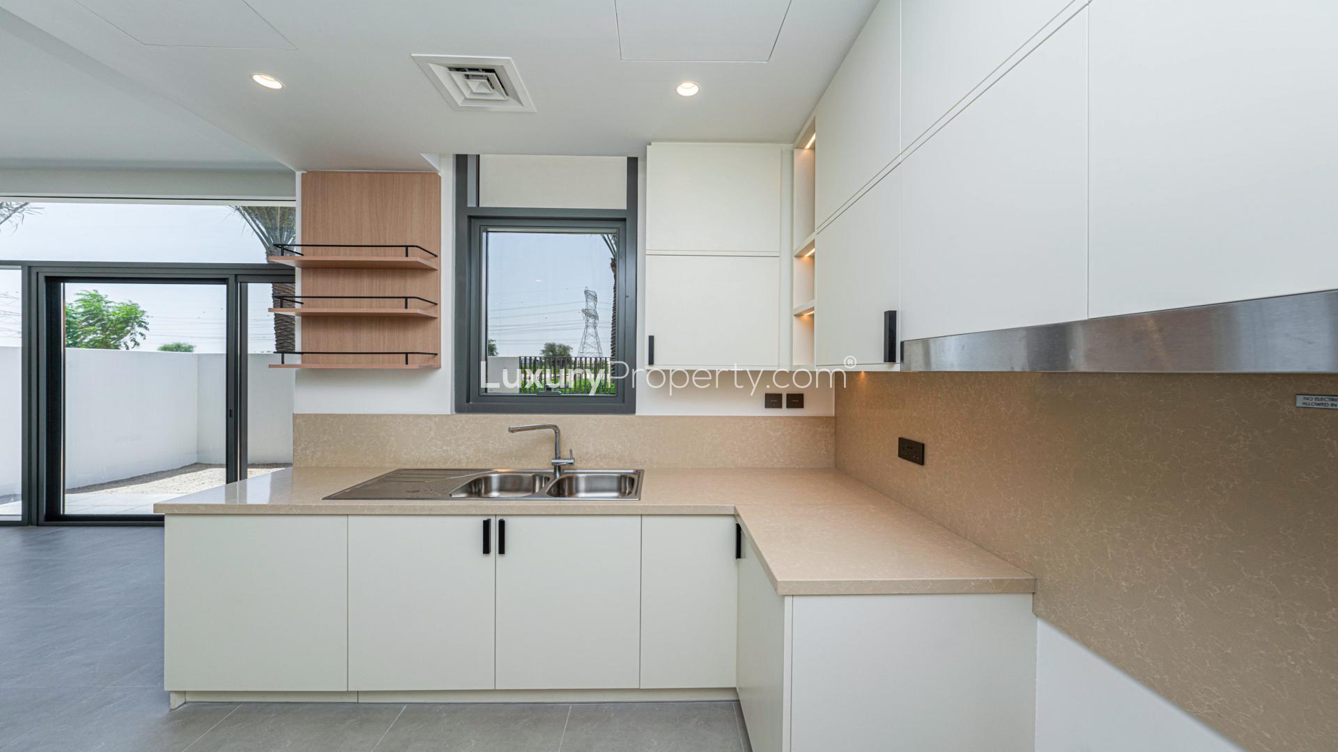 Modern kitchen and staircase in 4-bed townhouse, Ruba, Arabian Ranches 3