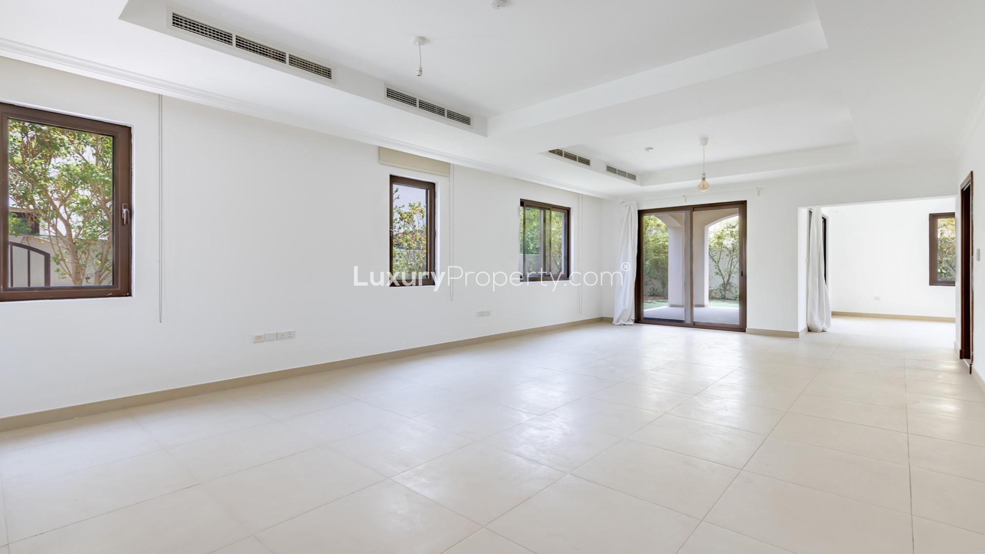 Luxurious 4-bedroom townhouse exterior, Lila, Arabian Ranches 2, spacious driveway, for rent