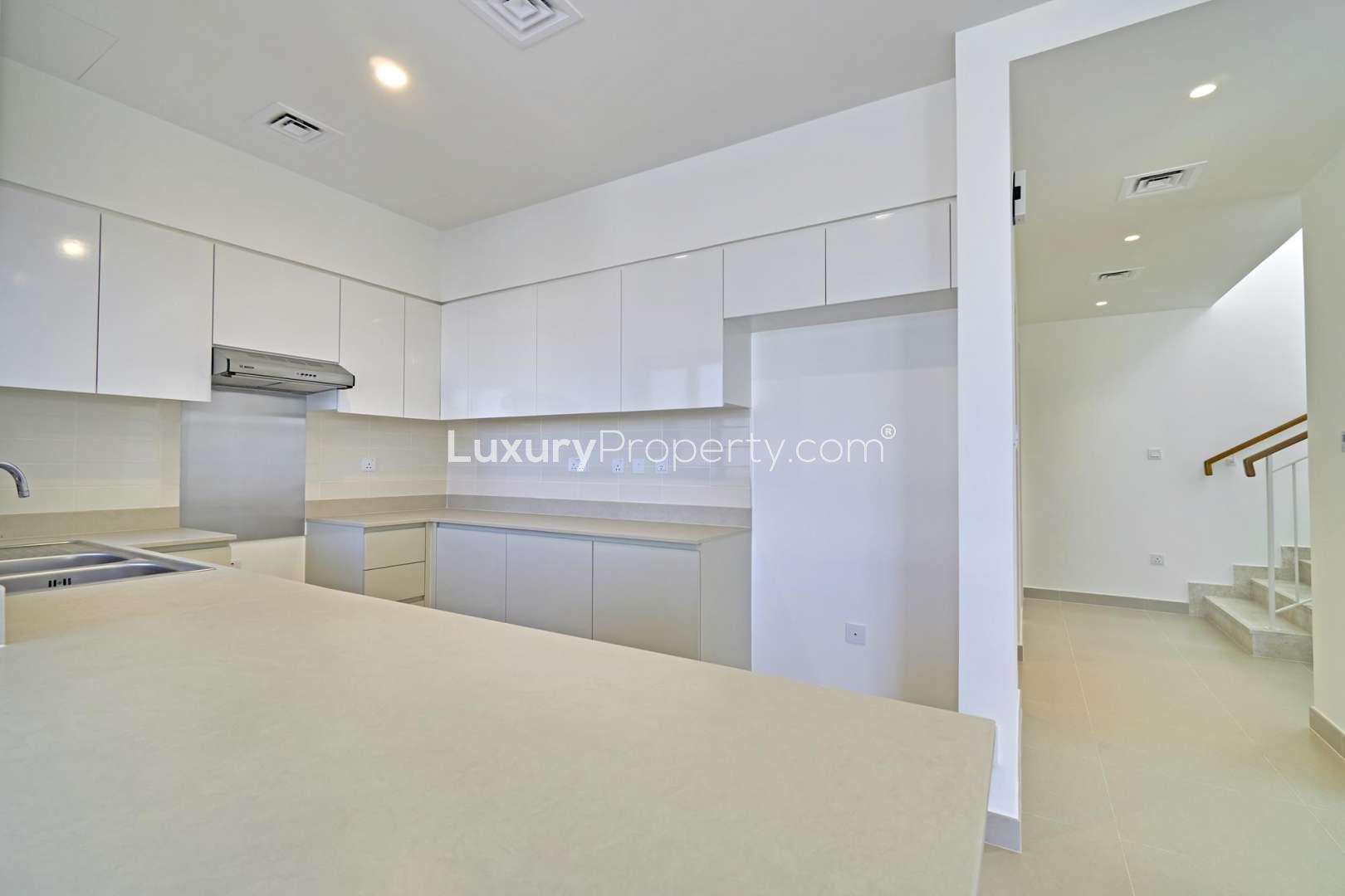 Modern living room in 4-bedroom townhouse, Maple 3, Dubai Hills Estate for rent