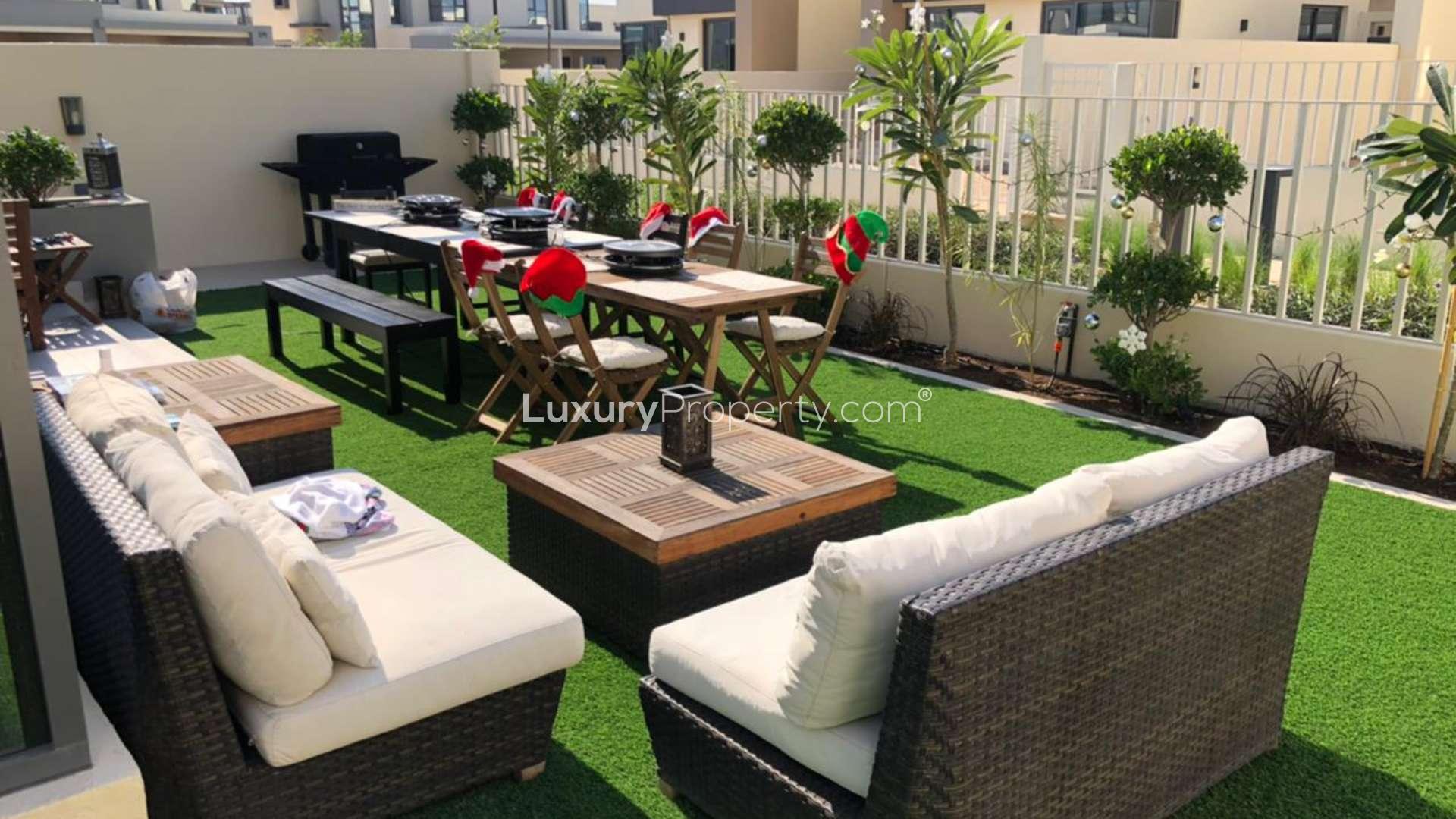 Modern bedroom with desk in 4-bedroom townhouse, Maple at Dubai Hills Estate rental