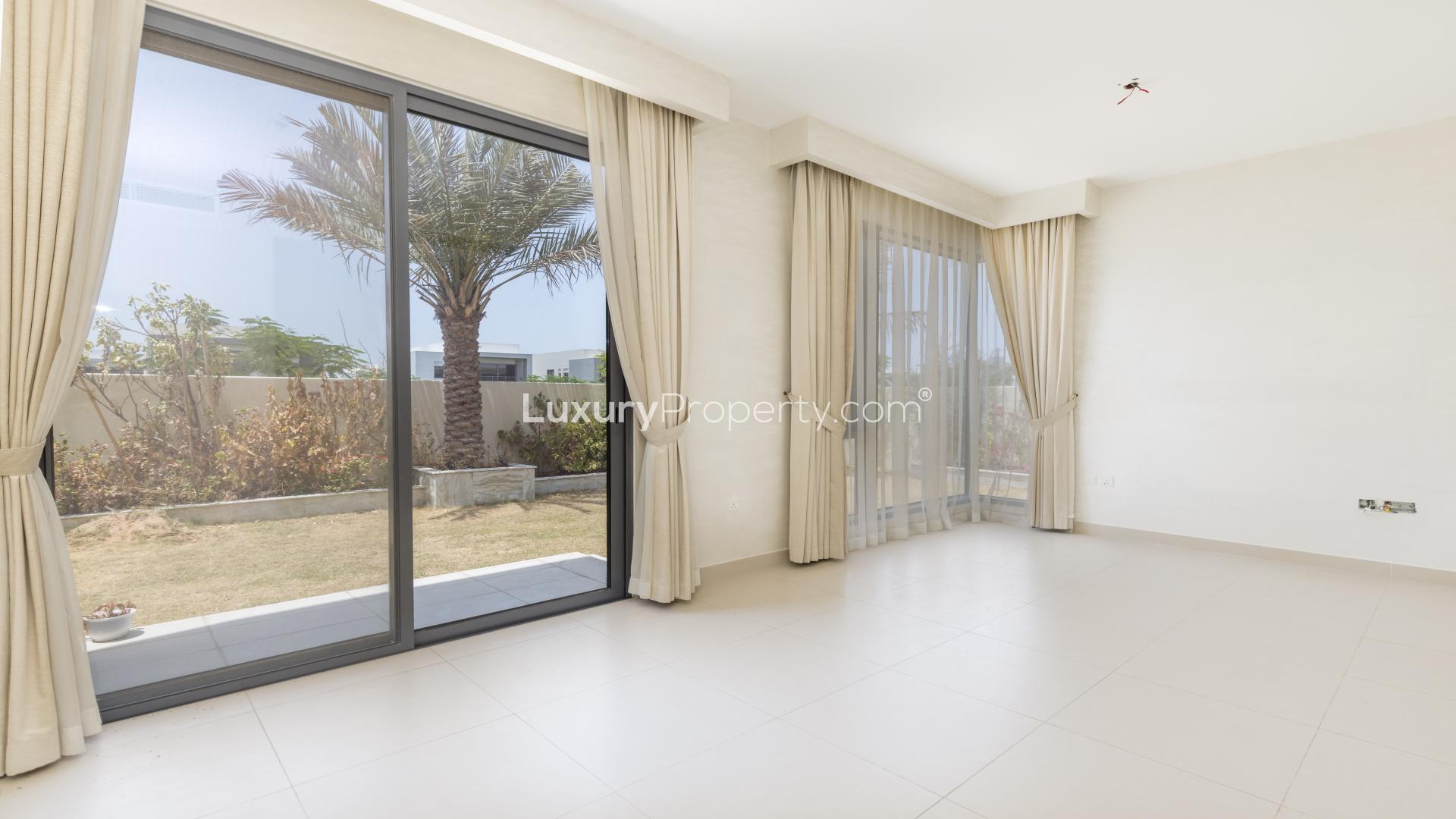 Exterior view of a single row townhouse for rent in Maple, Dubai Hills Estate