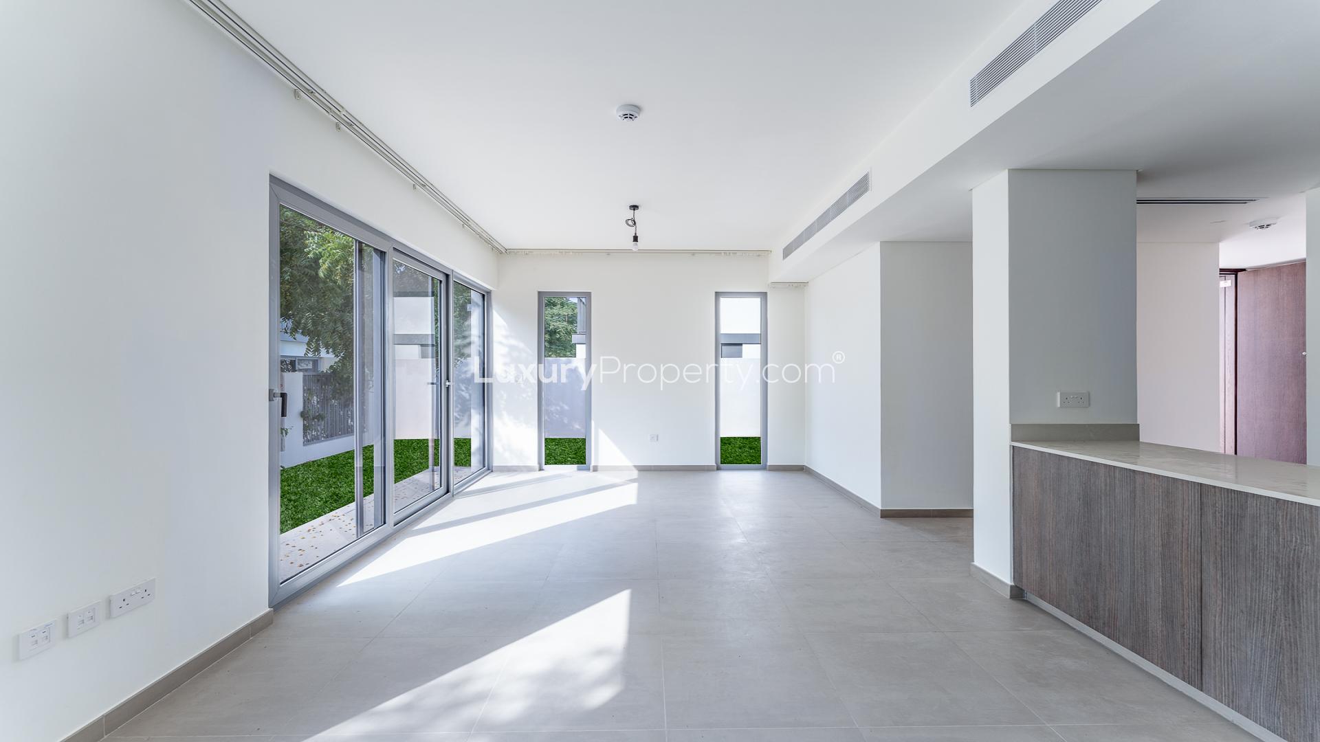 Corner 4-bedroom townhouse exterior view in Elan, Tilal Al Ghaf community, for rent