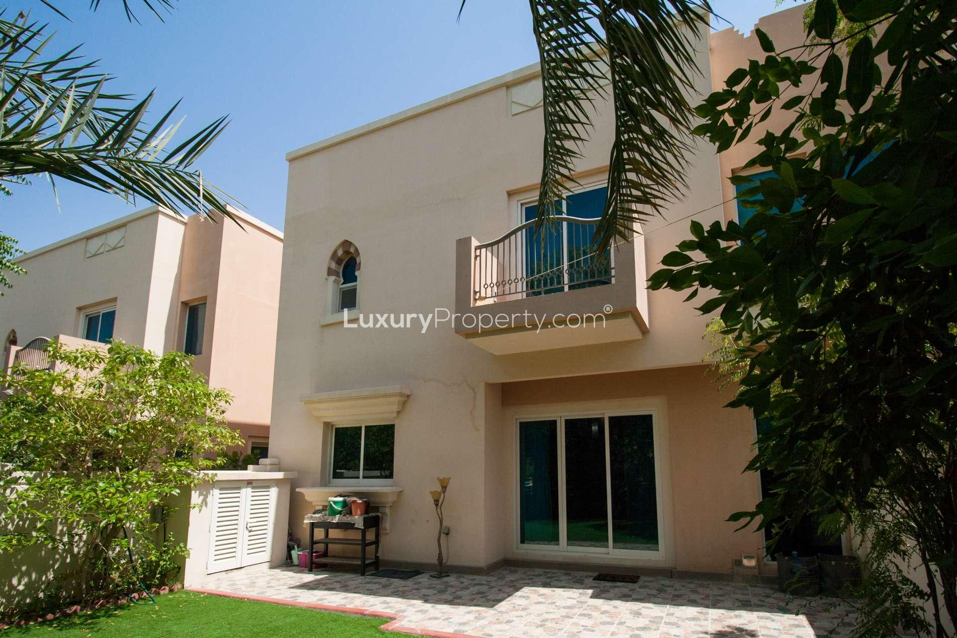 Lush garden area of 4-bedroom townhouse in Victory Heights, Dubai Sports City for rent