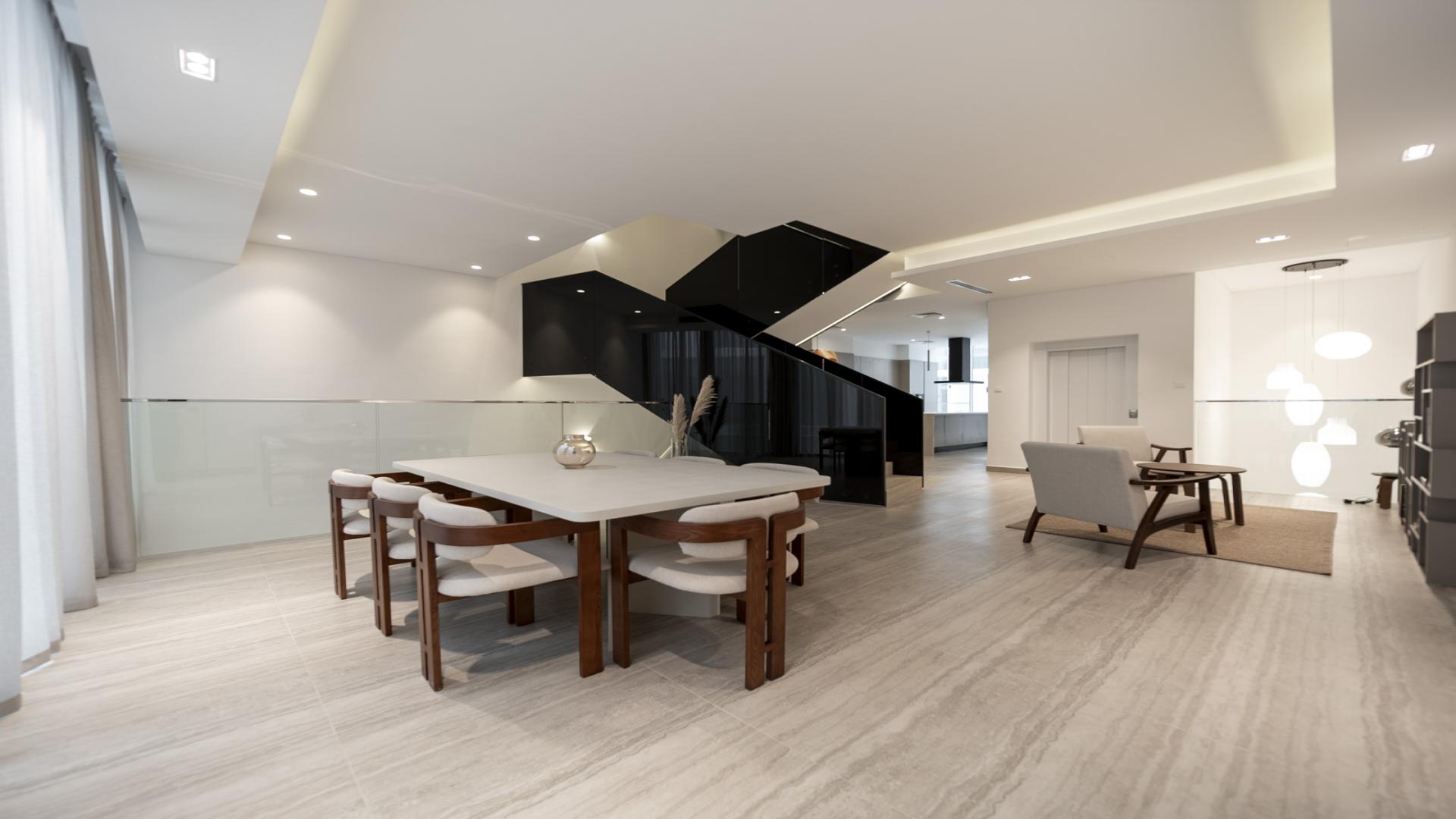 Modern staircase and hallway in Al Barari Ixora townhouse for rent, LP48915