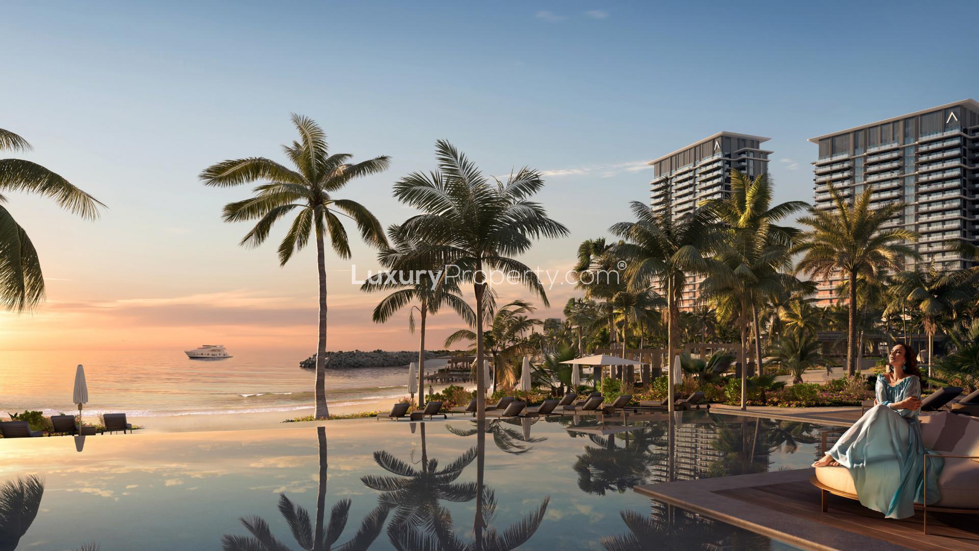 Modern living room with ocean view in Address Residences townhouse, Al Marjan Island