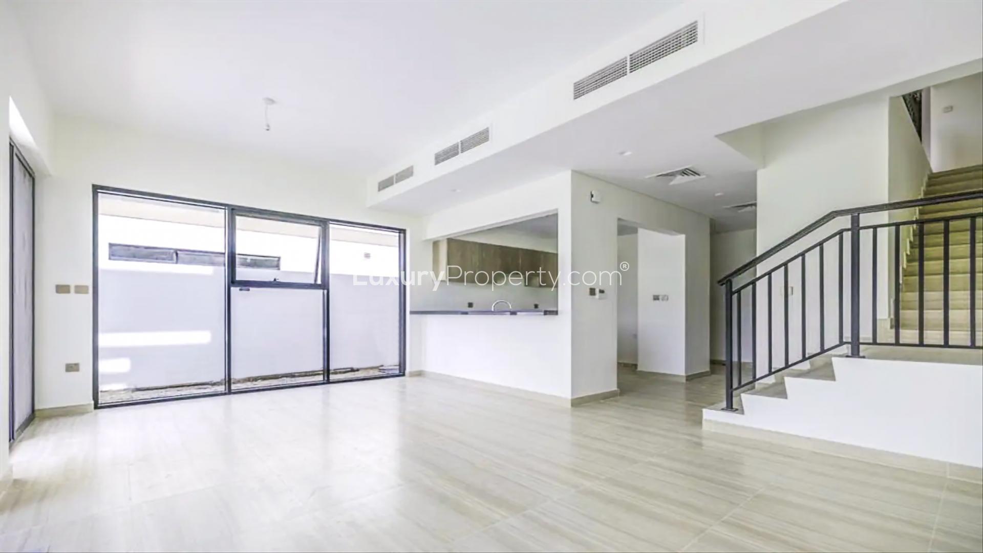 Townhouse exterior view in Damac Hills, Dubai, Park Residences, modern architecture, for sale