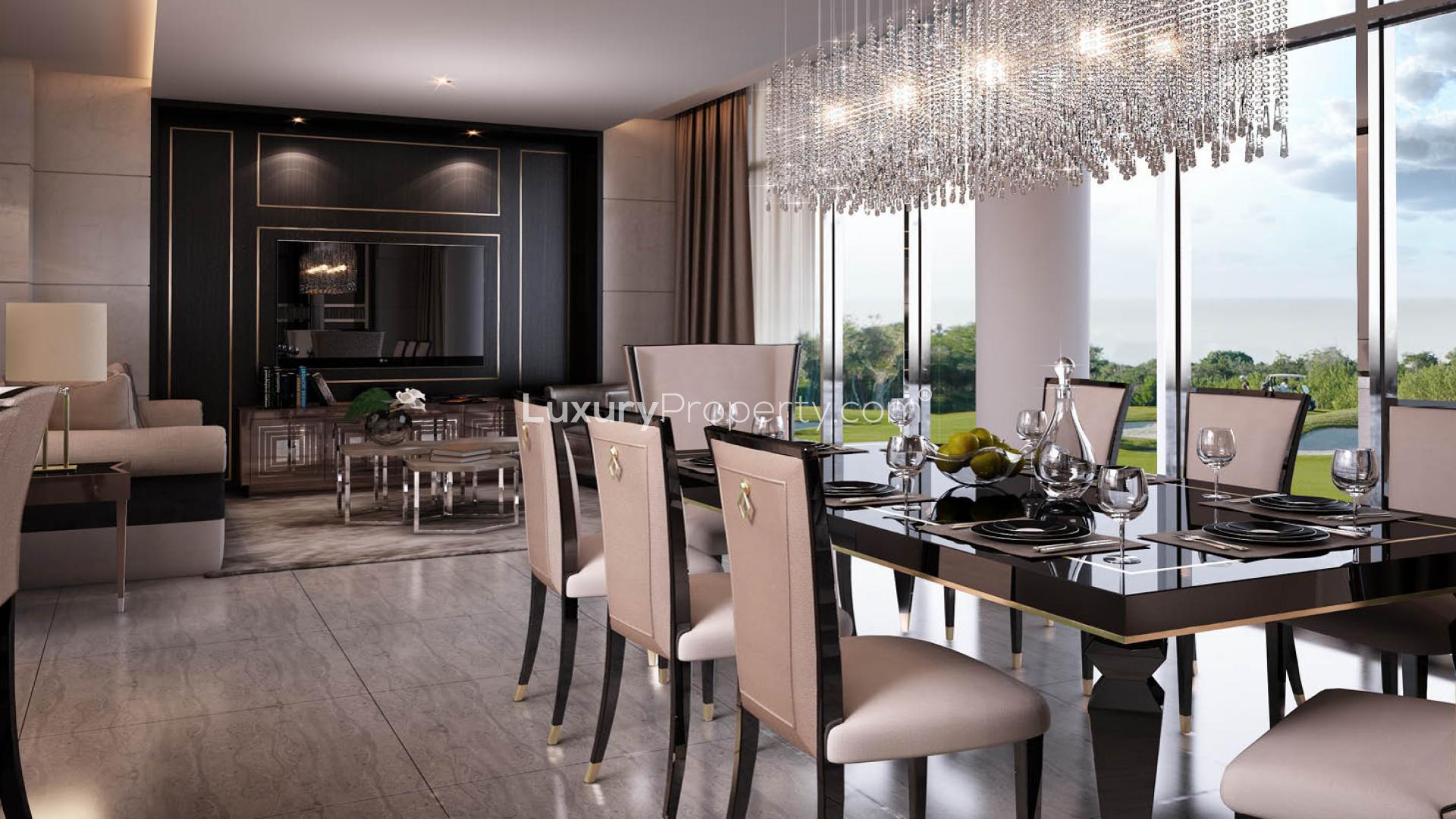 Modern townhouse exterior in Belair Damac Hills, featuring spacious design and golf course view