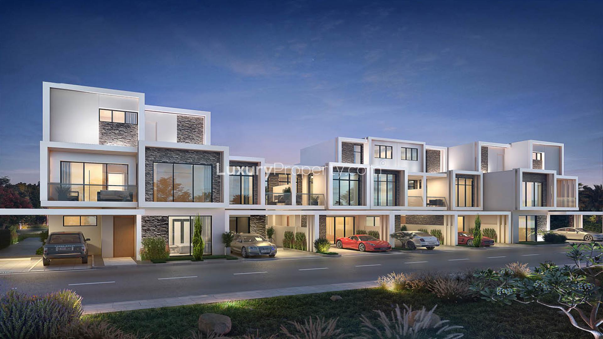 Luxurious townhouse living room with golf course view in Belair Damac Hills