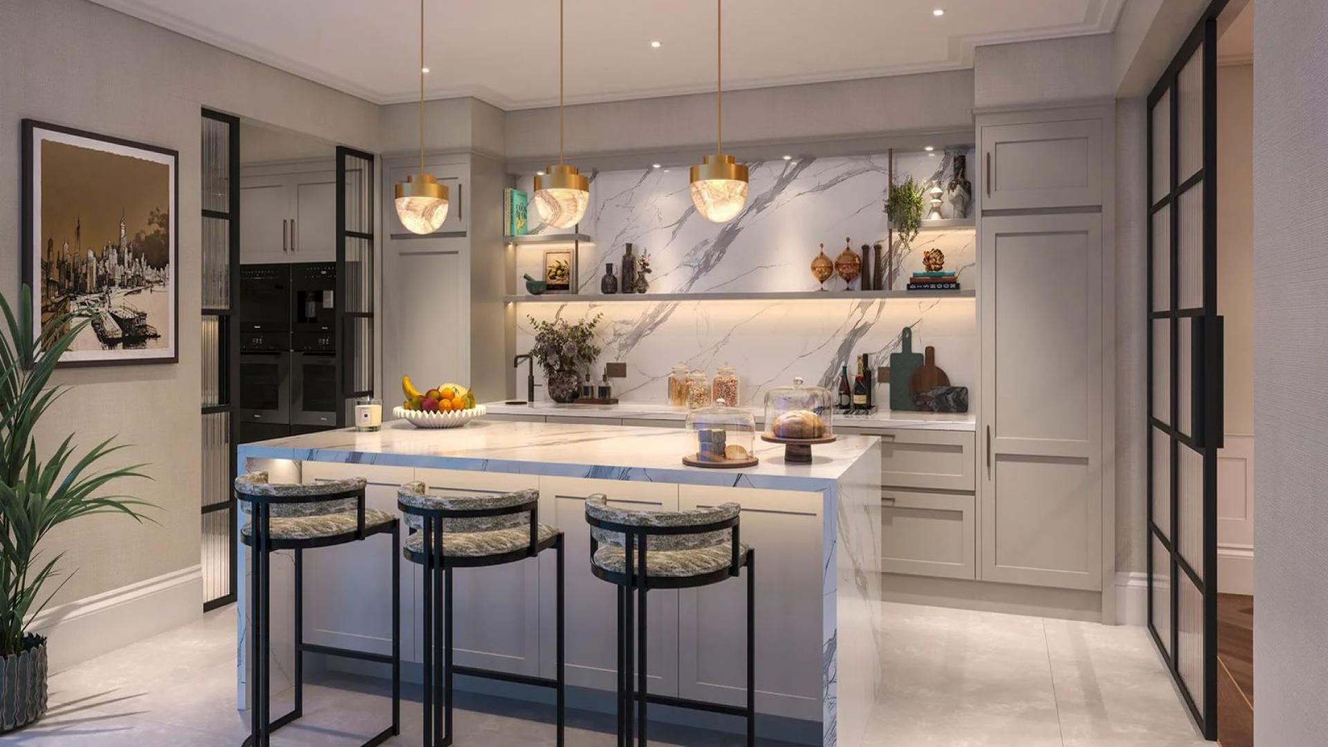 Elegant townhouse patio with cozy seating and dining area in Fulham Beach, London