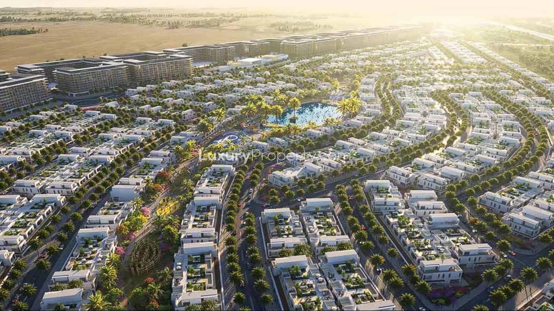 Elegant 4BR townhouse exterior in Damac Riverside, Lush community, modern design, for sale