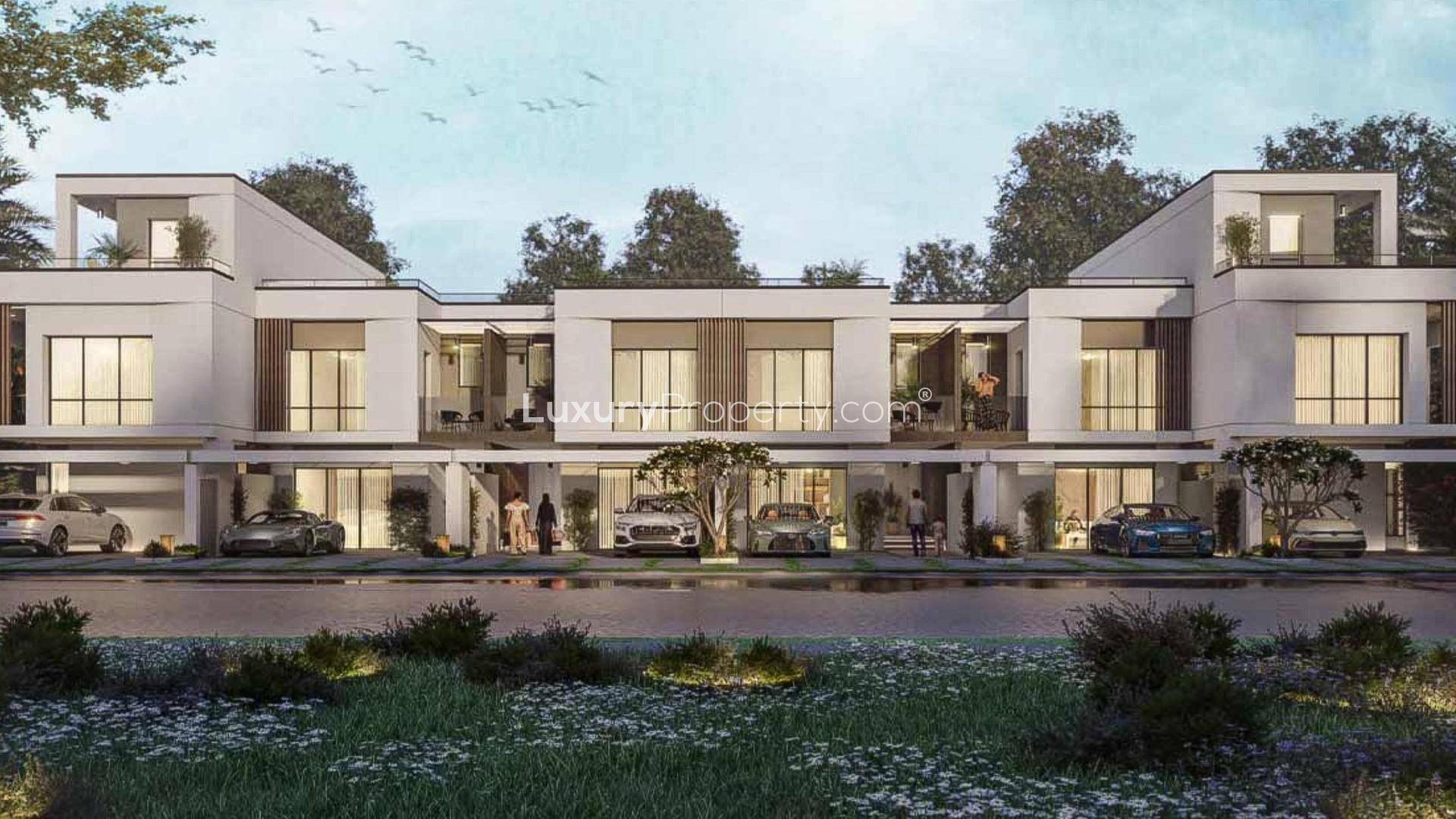 Elegant living room in modern 4BR townhouse, Damac Riverside, Lush community, for sale