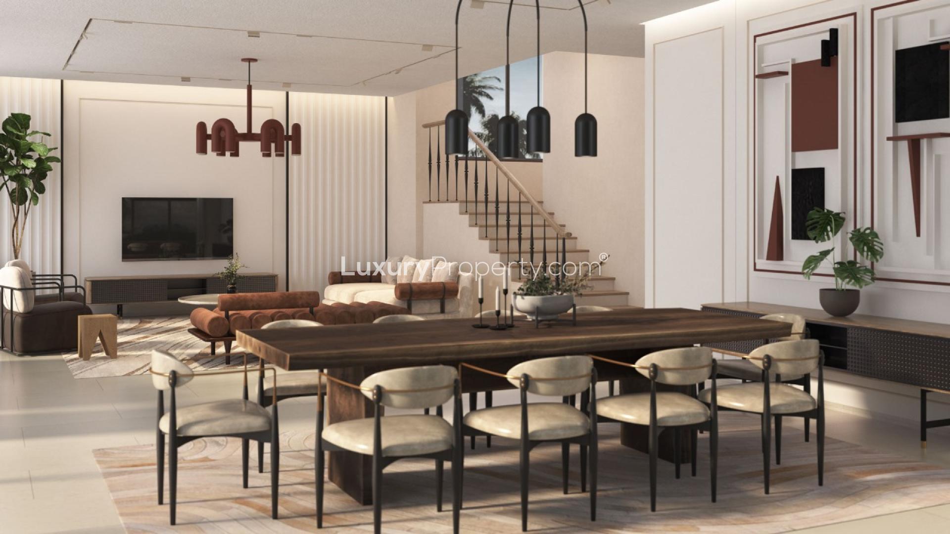 Modern living room in 4-bedroom townhouse, Damac Lagoons, Malta community, park-facing view