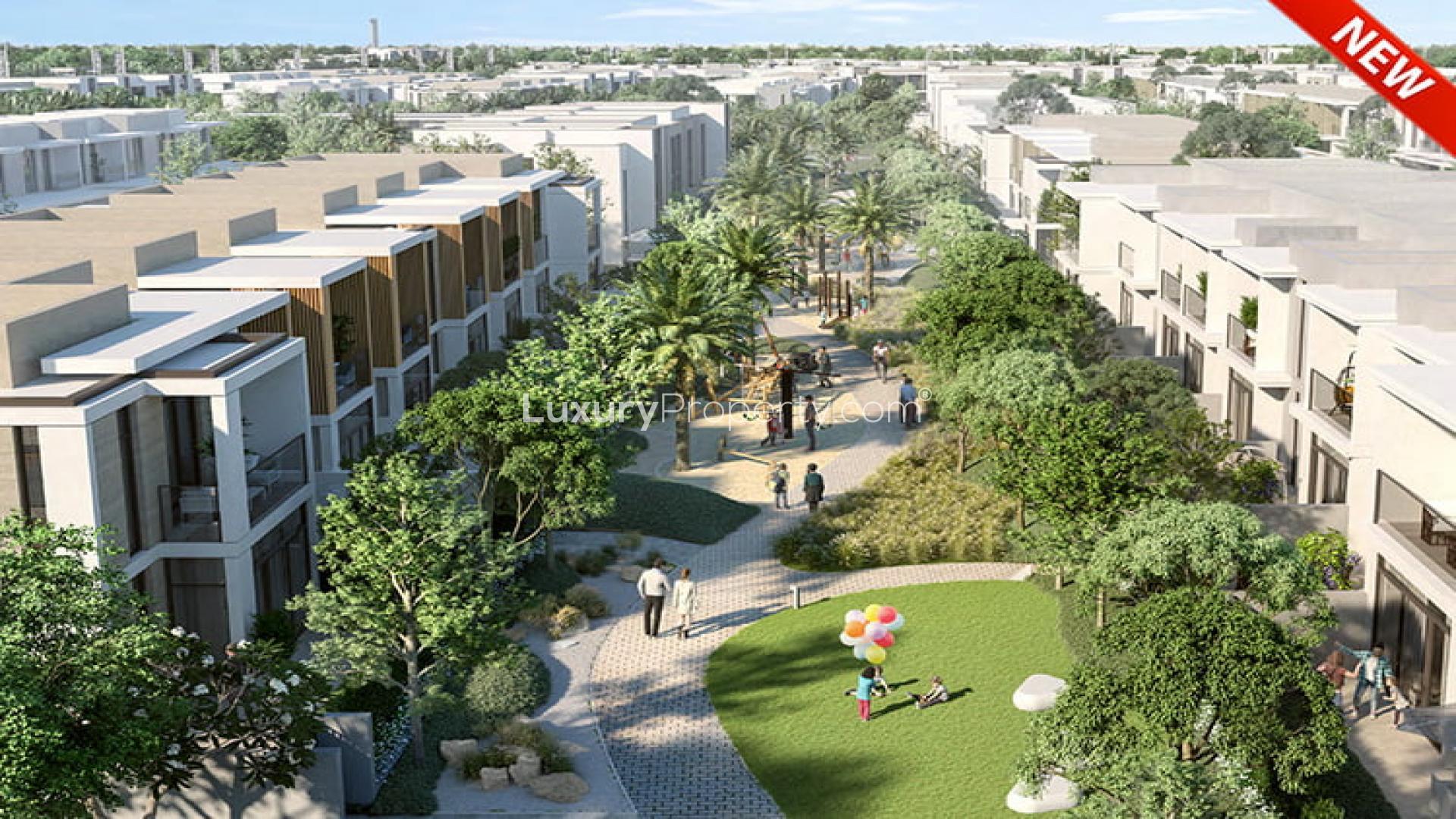 Modern living room in Ruba townhouse, Arabian Ranches 3, with garden view and stylish decor