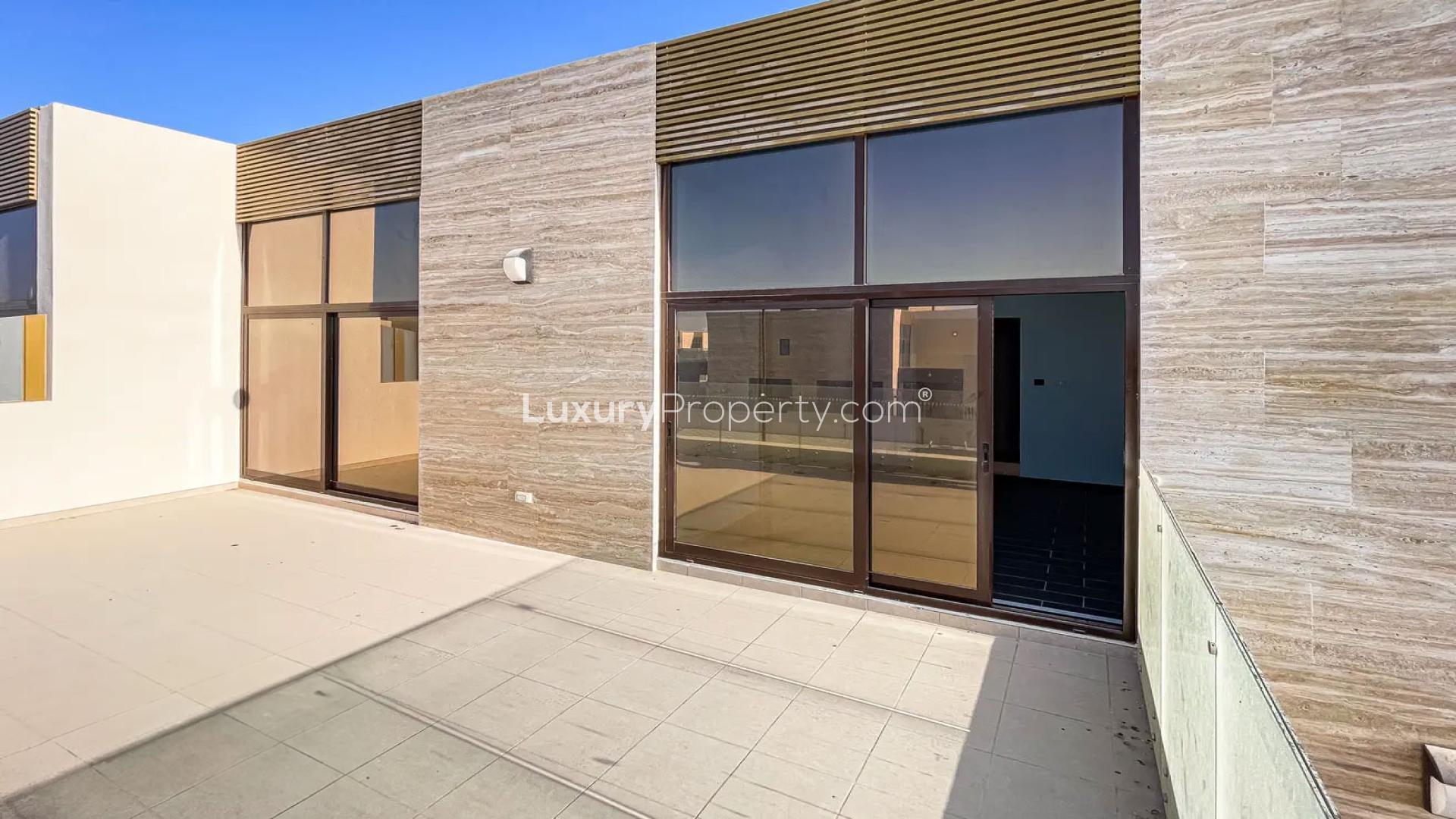 Modern living room in 4-bedroom townhouse, District 11, Mohammed Bin Rashid City, marble flooring