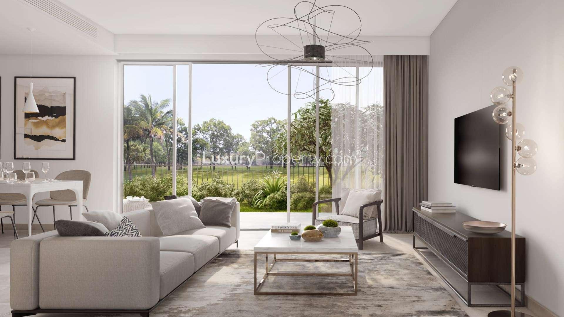 Modern 3-bedroom townhouse exterior in Camelia, Arabian Ranches 2, with garden view