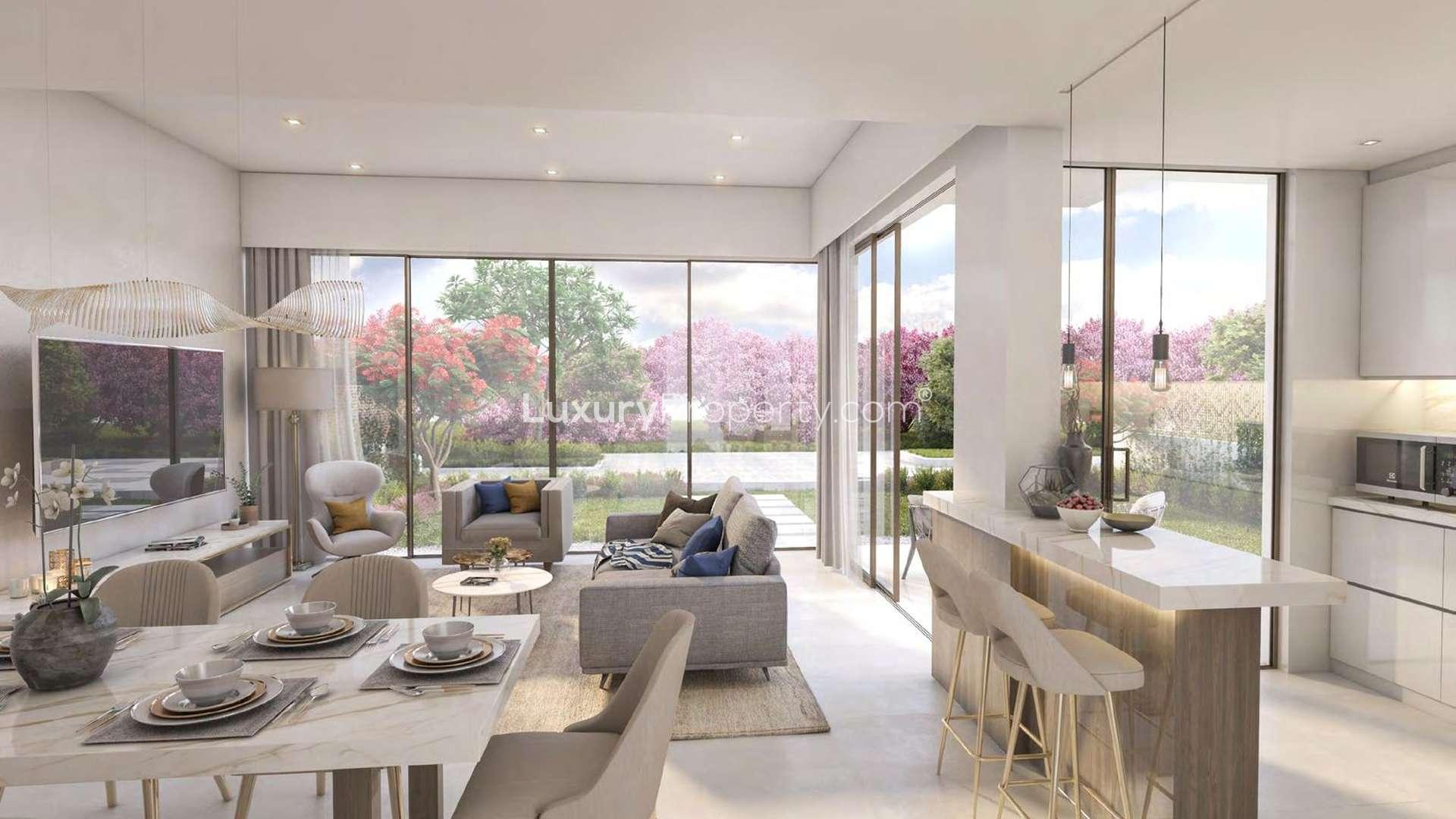 Modern kitchen and garden view in Cherrywoods townhouse, Dubailand