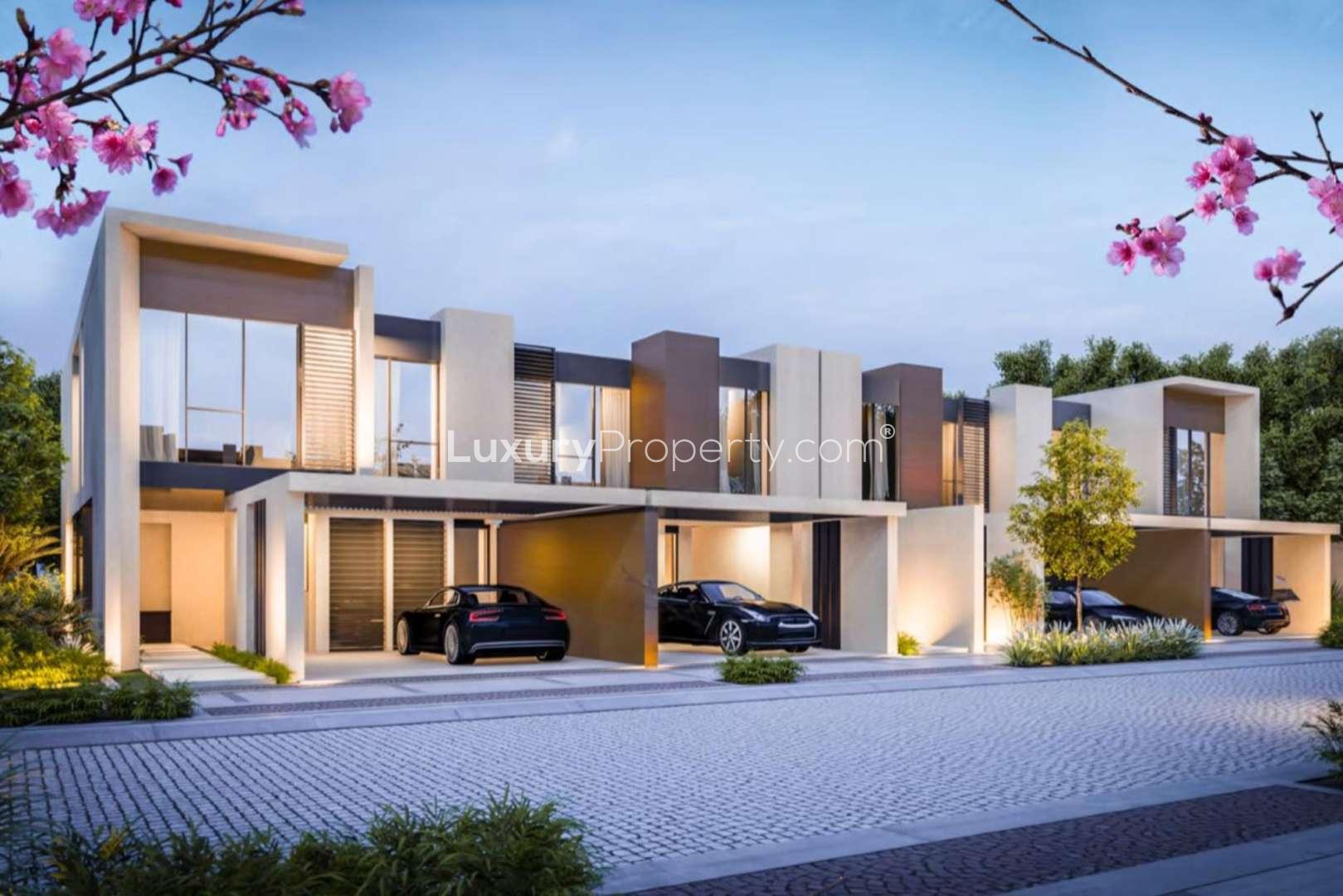 4-bedroom corner townhouse exterior in Cherrywoods, Dubai Land, for sale