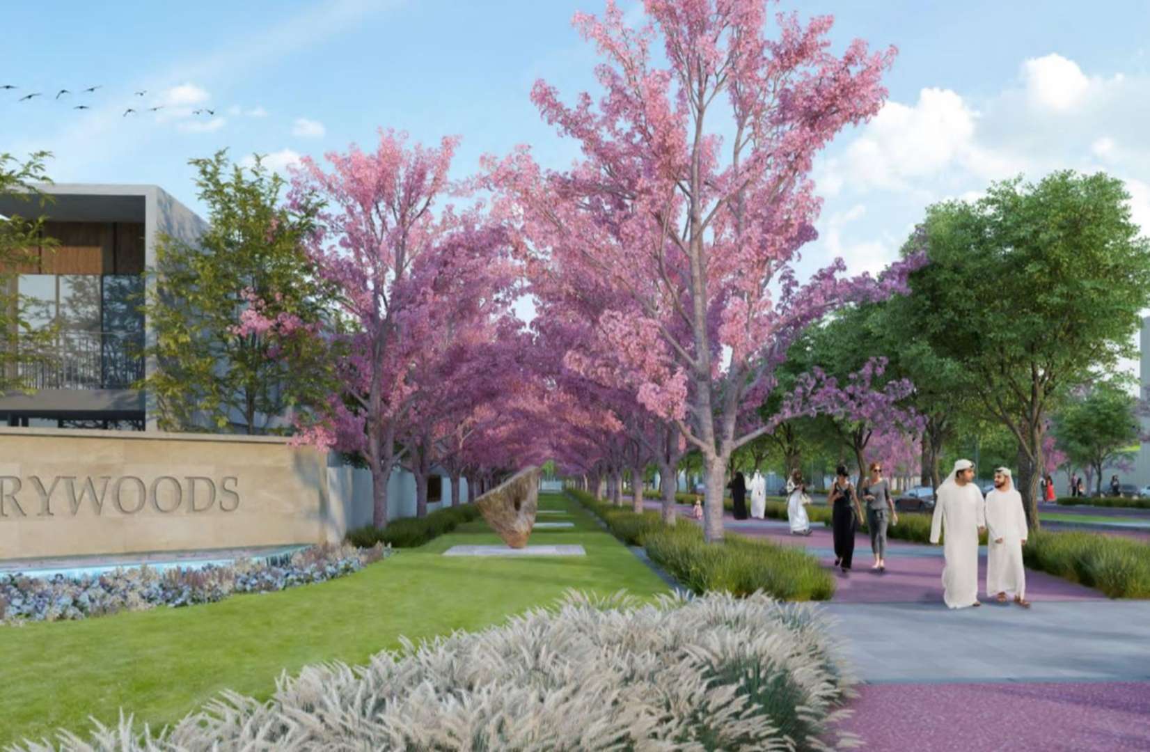 Modern open-plan living area in Cherrywoods townhouse, featuring elegant decor and garden views