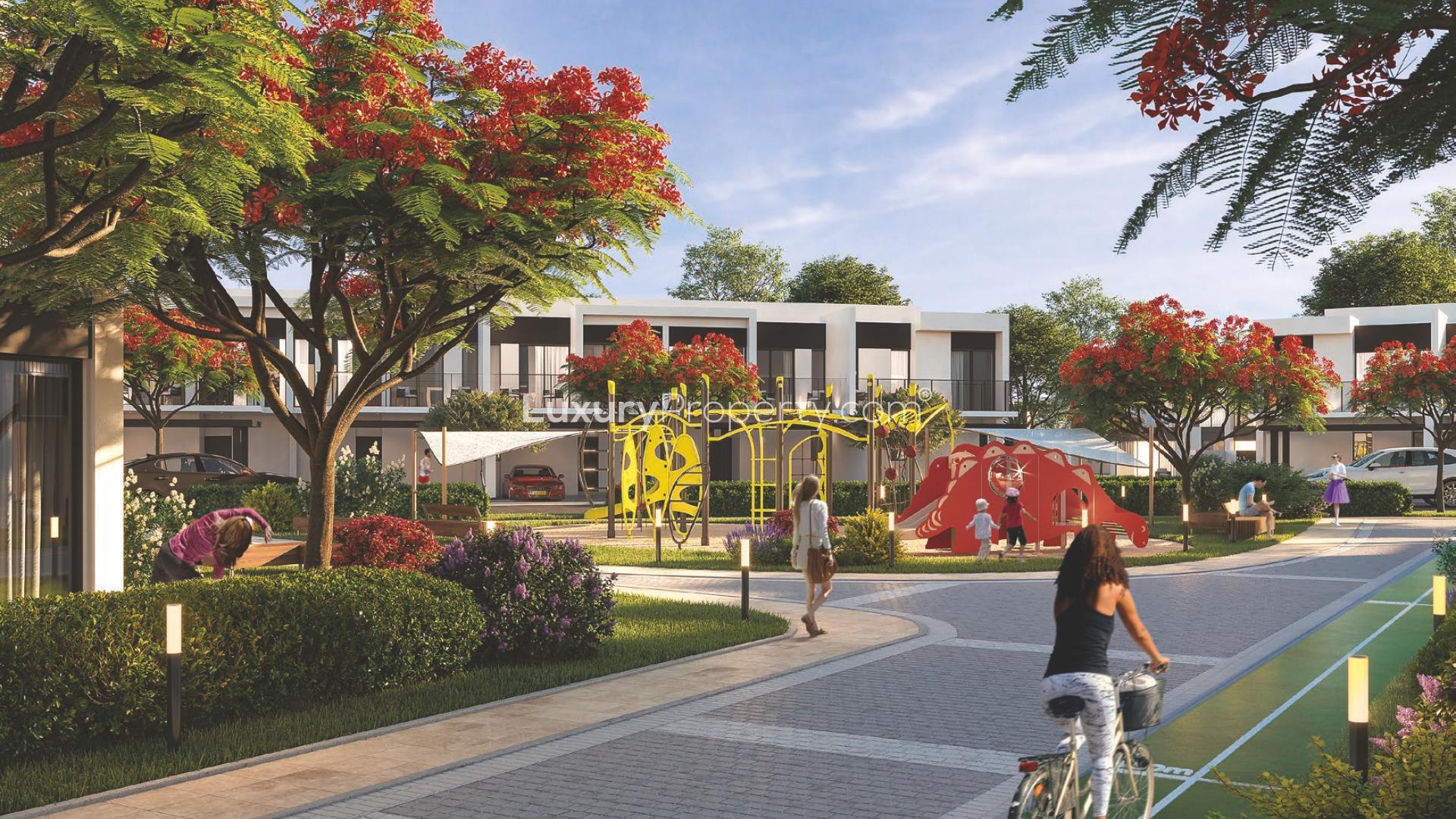 Aerial view of Elan townhouses in Tilal Al Ghaf, Dubai with lush landscaping