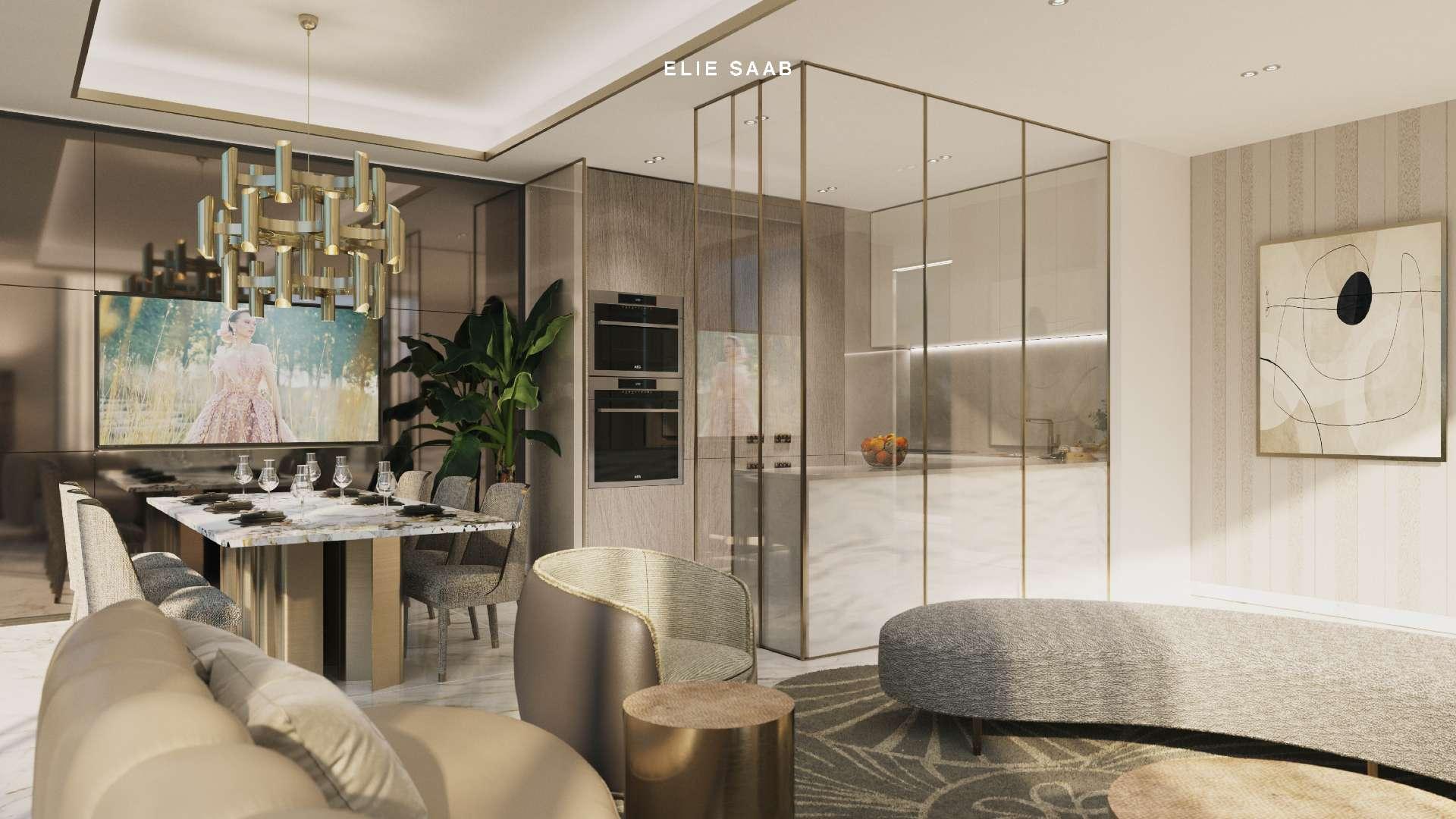 Elegant living area with modern furniture, garden view, Meydan townhouse for sale