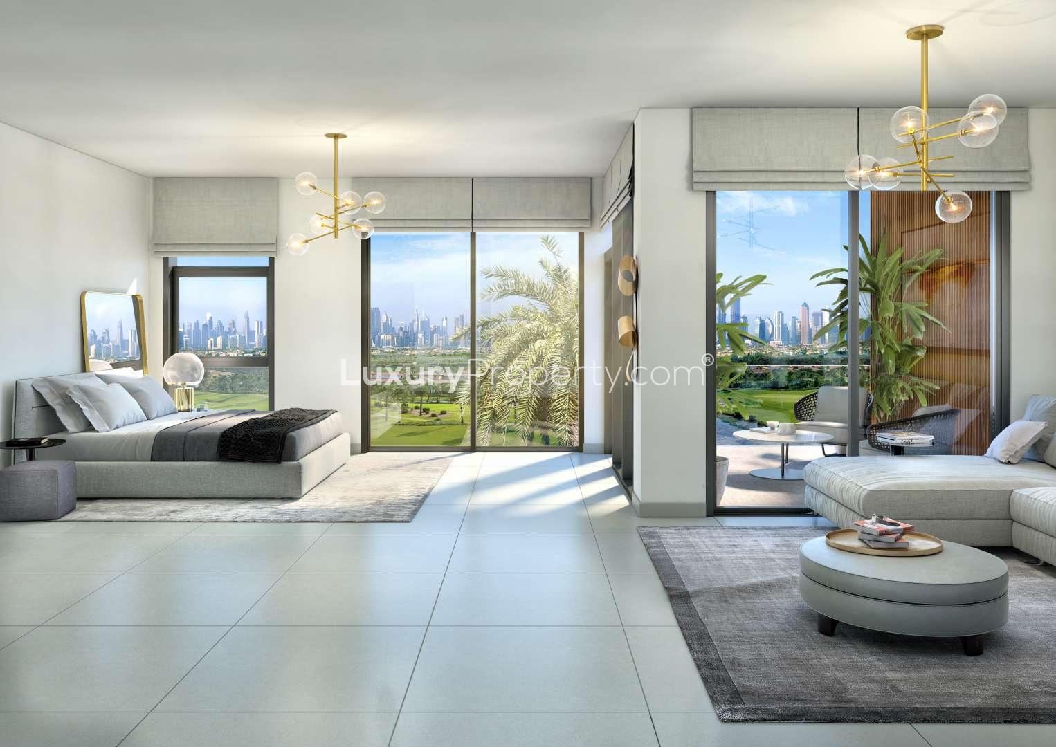 Open-plan kitchen and living area in Golf Grove Villa, Dubai Hills Estate townhouse