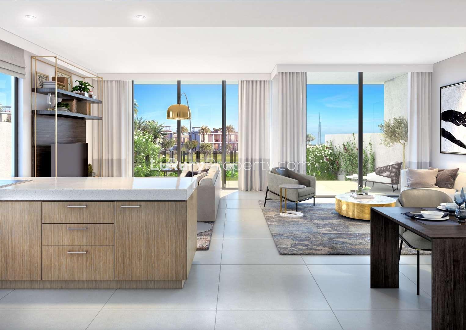 Luxurious Dubai Hills Estate villa bedroom with stunning city and golf course views