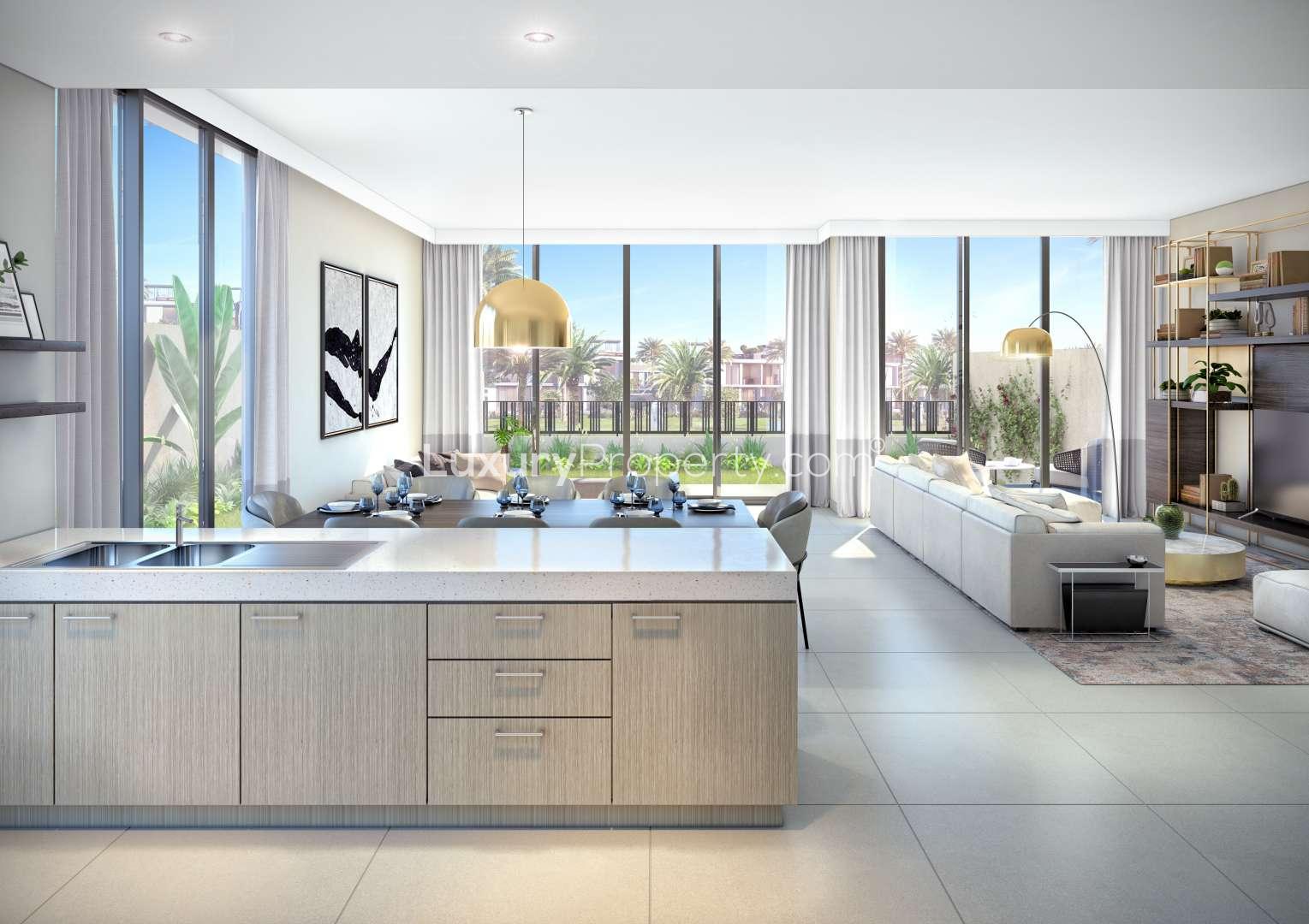 Luxurious Golf Grove villa living room with modern decor and stunning outdoor views